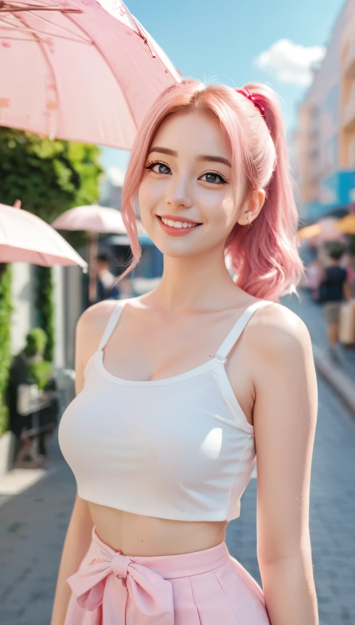 a young woman with pink hair styled in a ponytail, standing in a sunlit urban setting with a clear blue sky. She is wearing a stylish outfit that includes a light-colored top with a pink bow and a pink skirt adorned with floral embroidery. The scene captures a vibrant, lively street with people in the background, some holding umbrellas, suggesting a warm, sunny day. The woman exudes a modern, professional photo shoot aesthetic, with large expressive eyes and delicate features. large breast, cute sexy smile, full body view