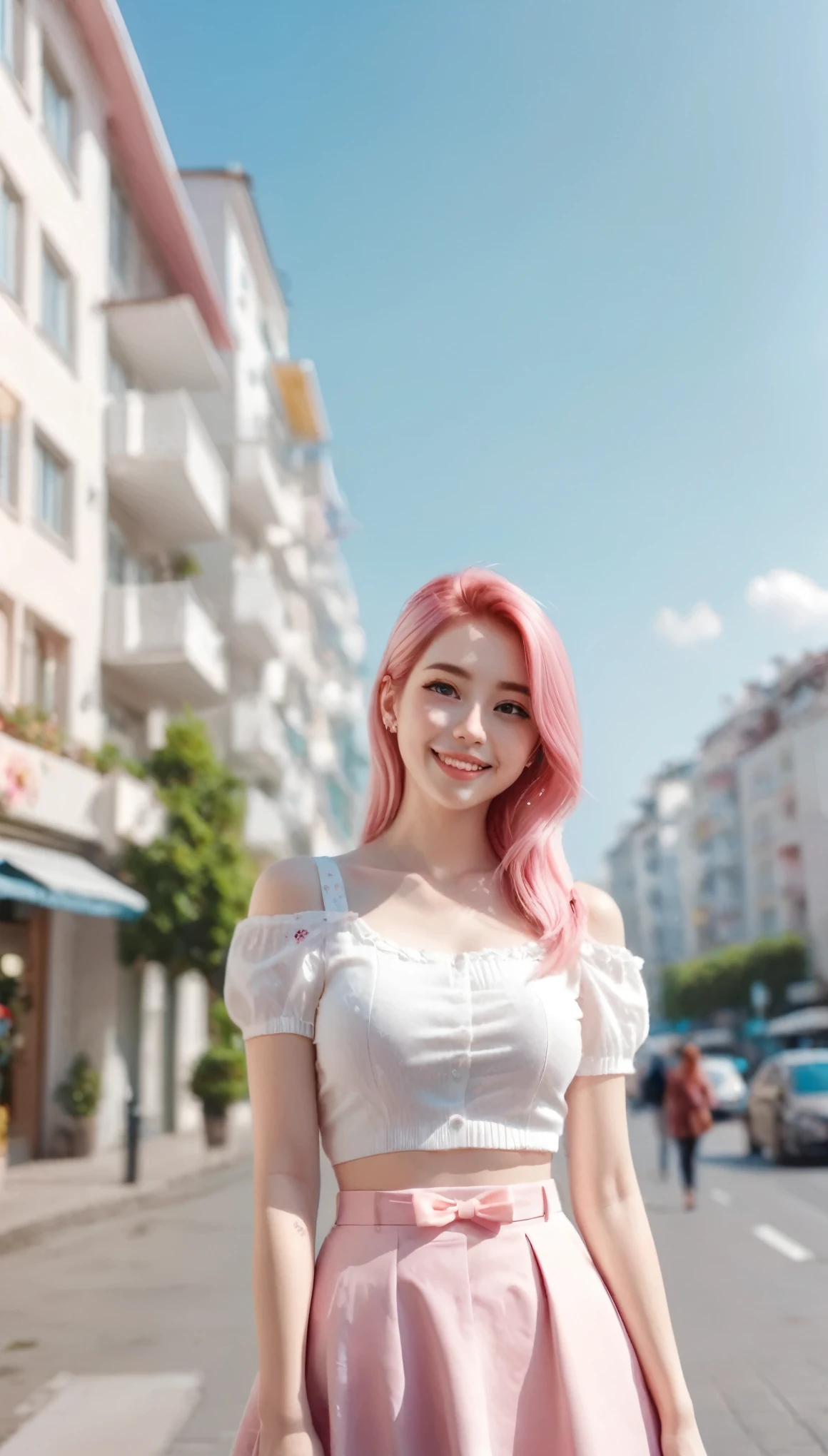 a young woman with pink hair styled in a ponytail, standing in a sunlit urban setting with a clear blue sky. She is wearing a stylish outfit that includes a light-colored top with a pink bow and a pink skirt adorned with floral embroidery. The scene captures a vibrant, lively street with people in the background, some holding umbrellas, suggesting a warm, sunny day. The woman exudes a modern, professional photo shoot aesthetic, with large expressive eyes and delicate features. large breast, cute sexy smile, full body view