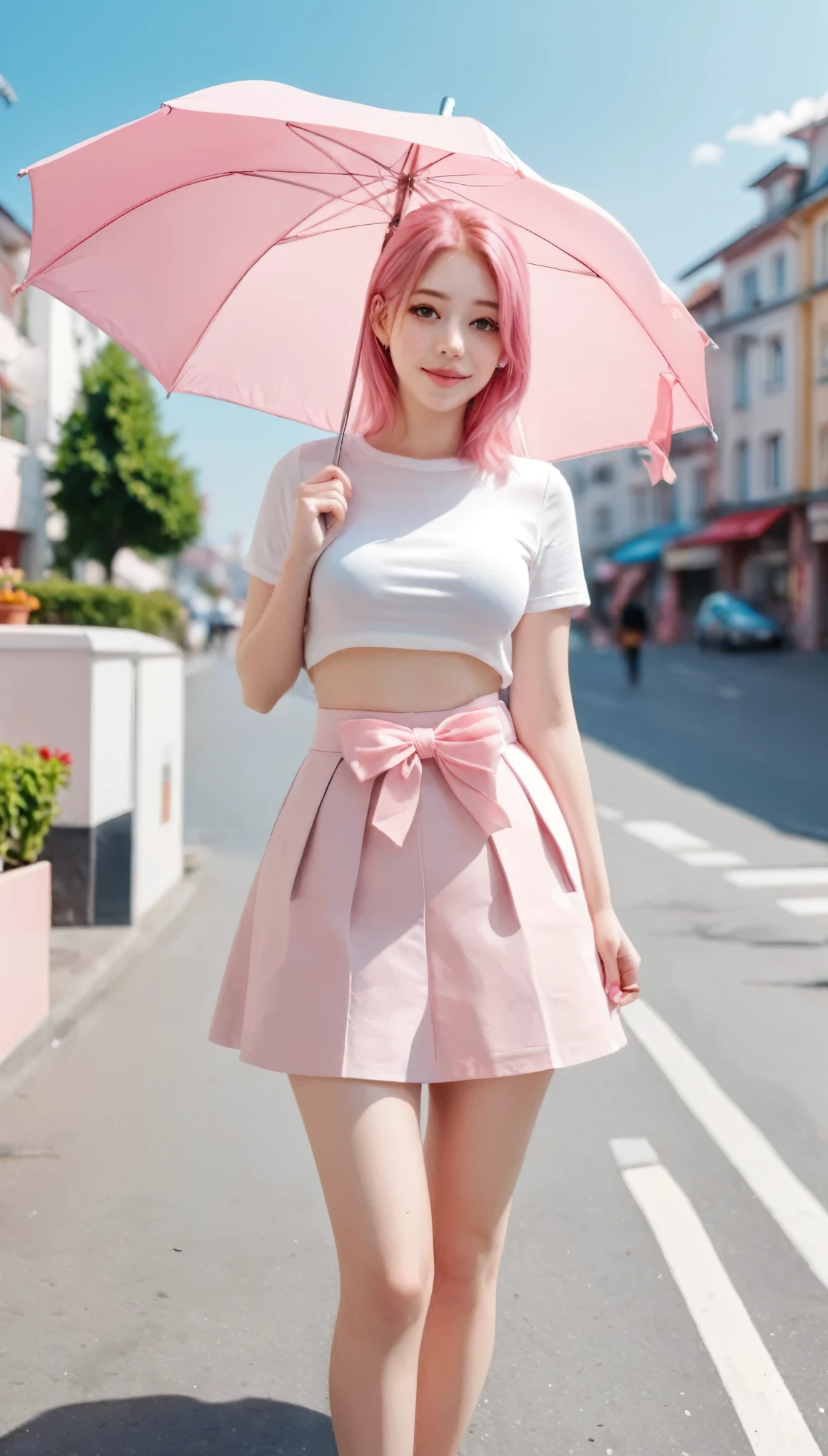 a young woman with pink hair styled in a ponytail, standing in a sunlit urban setting with a clear blue sky. She is wearing a stylish outfit that includes a light-colored top with a pink bow and a pink skirt adorned with floral embroidery. The scene captures a vibrant, lively street with people in the background, some holding umbrellas, suggesting a warm, sunny day. The woman exudes a modern, professional photo shoot aesthetic, with large expressive eyes and delicate features. large breast, cute sexy smile, full body view