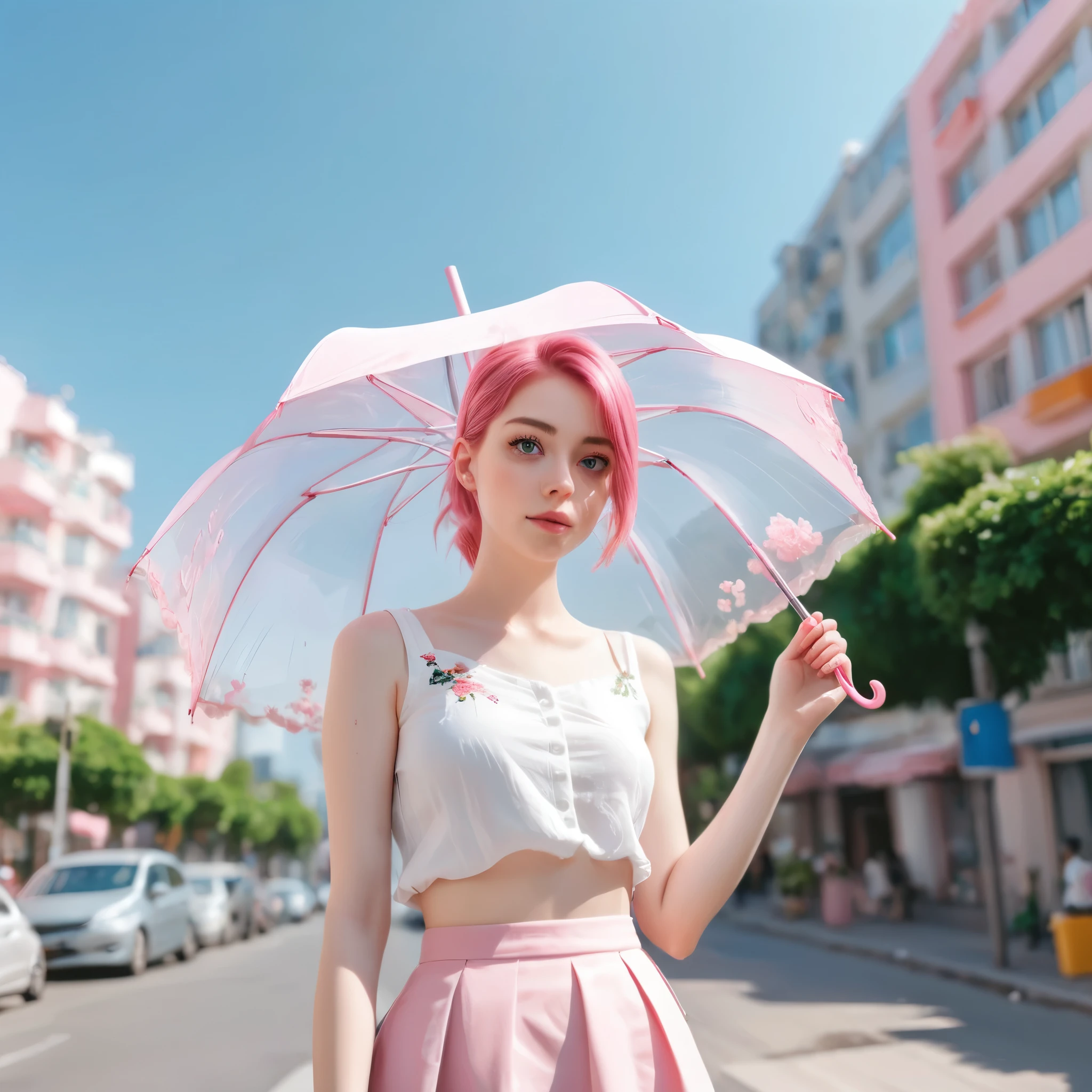 a young woman with pink hair styled in a ponytail, standing in a sunlit urban setting with a clear blue sky. She is wearing a stylish outfit that includes a light-colored top with a pink bow and a pink skirt adorned with floral embroidery. The scene captures a vibrant, lively street with people in the background, some holding umbrellas, suggesting a warm, sunny day. The woman exudes a modern, professional photo shoot aesthetic, with large expressive eyes and delicate features.