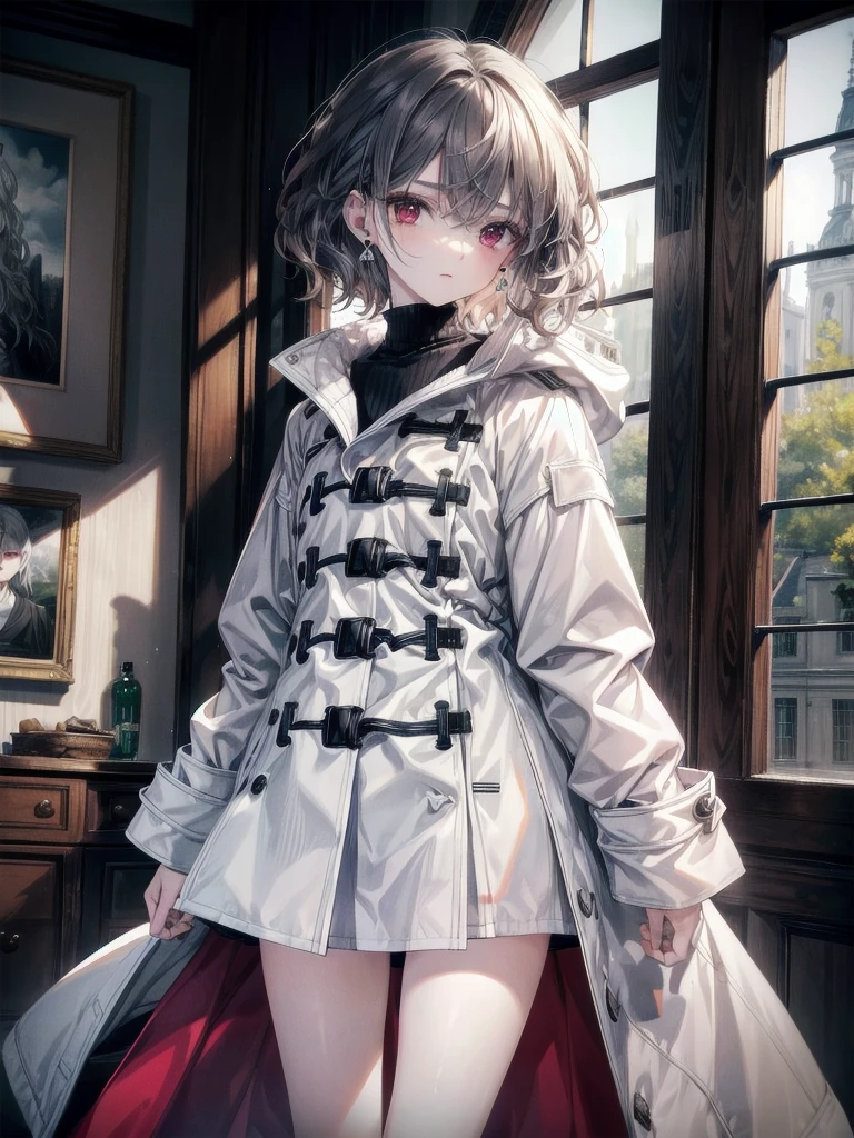 duffle coat, absurdres, RAW photo, extremely delicate and beautiful, masterpiece, Best Quality, ultra high resolution, 32k, hyperrealistic, ultra-detailed, detailed description, pale skin, 20 years old, tearful mole, earring, short medium hair, wavy hair, whole body shot, legs, Red eyes, 