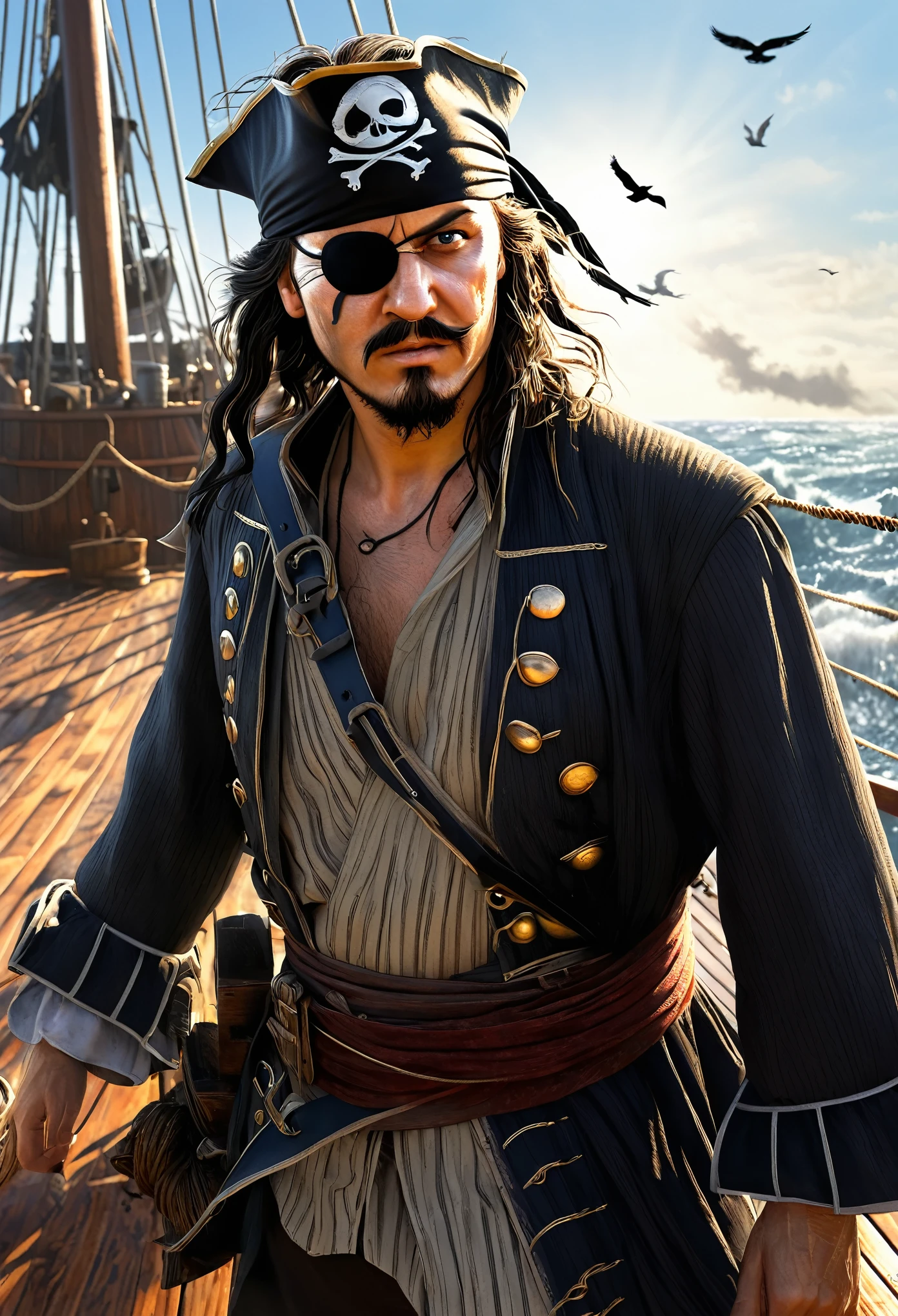 A pirate wearing an eye patch on a ship deck, realistic illustration, pirate with weathered skin and a determined expression, on a wooden ship deck with coiled ropes and barrels, close-up of pirate's face, bright sunlight casting shadows, seagulls flying in the background and waves crashing against the ship,Hyper-realistic, Hyper-detailed, photo realistic, art germ, WLOP, tom Bagshaw, Magali, Villeneuve, Hasselblad
