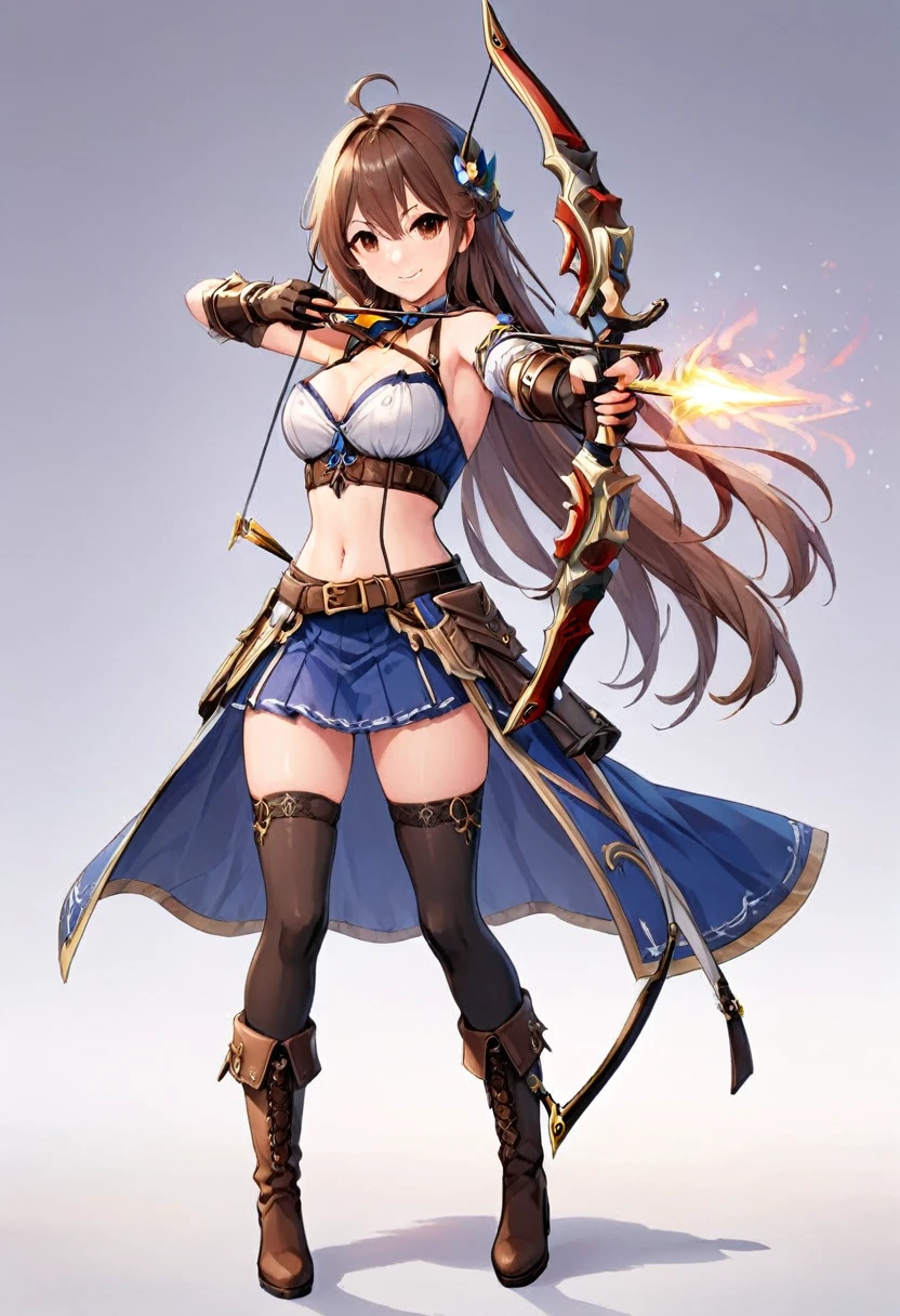 (masutepiece, Best Quality), 1girl, solo, long-hair, weapon, thighhighs, brown-hair, gloves, navel, brown-eyes, smile, breasts, medium-breasts, cleavage, belt, looking-at-viewer, boots, midriff, black-thighhighs, full-body, skirt, ahoge, holding-weapon, blush, holding, bandeau, standing, Aiming a Bow