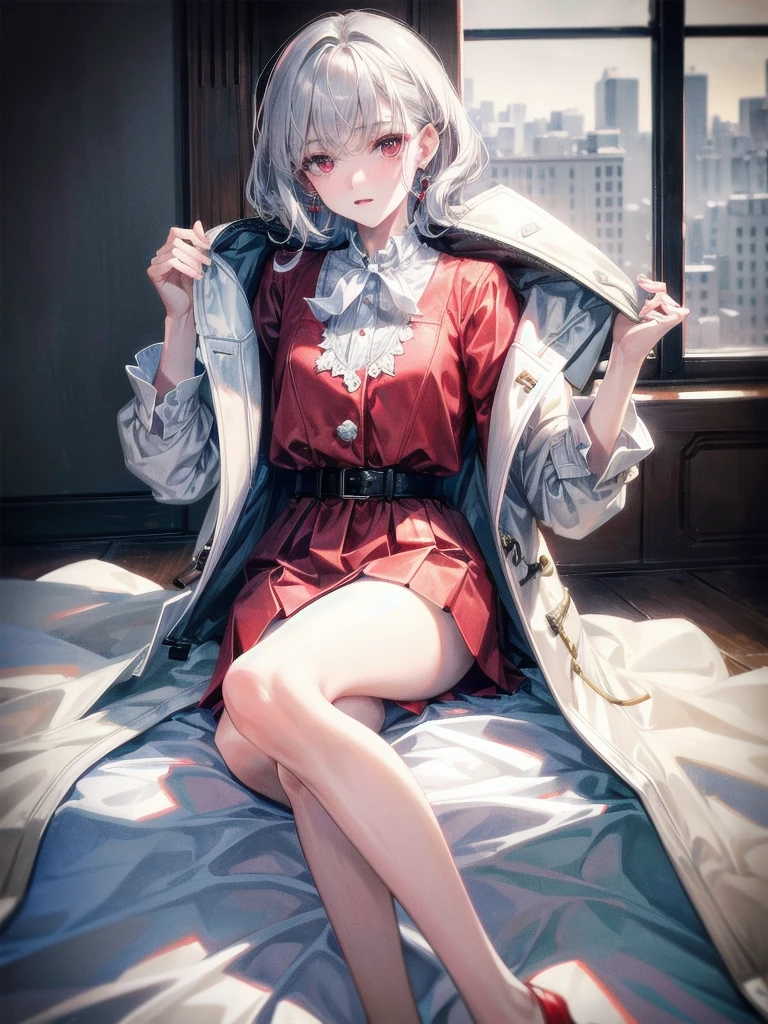 duffle coat, absurdres, RAW photo, extremely delicate and beautiful, masterpiece, Best Quality, ultra high resolution, 32k, hyperrealistic, ultra-detailed, detailed description, pale skin, 20 years old, tearful mole, earring, short medium hair, wavy hair, whole body shot, legs, Red eyes,