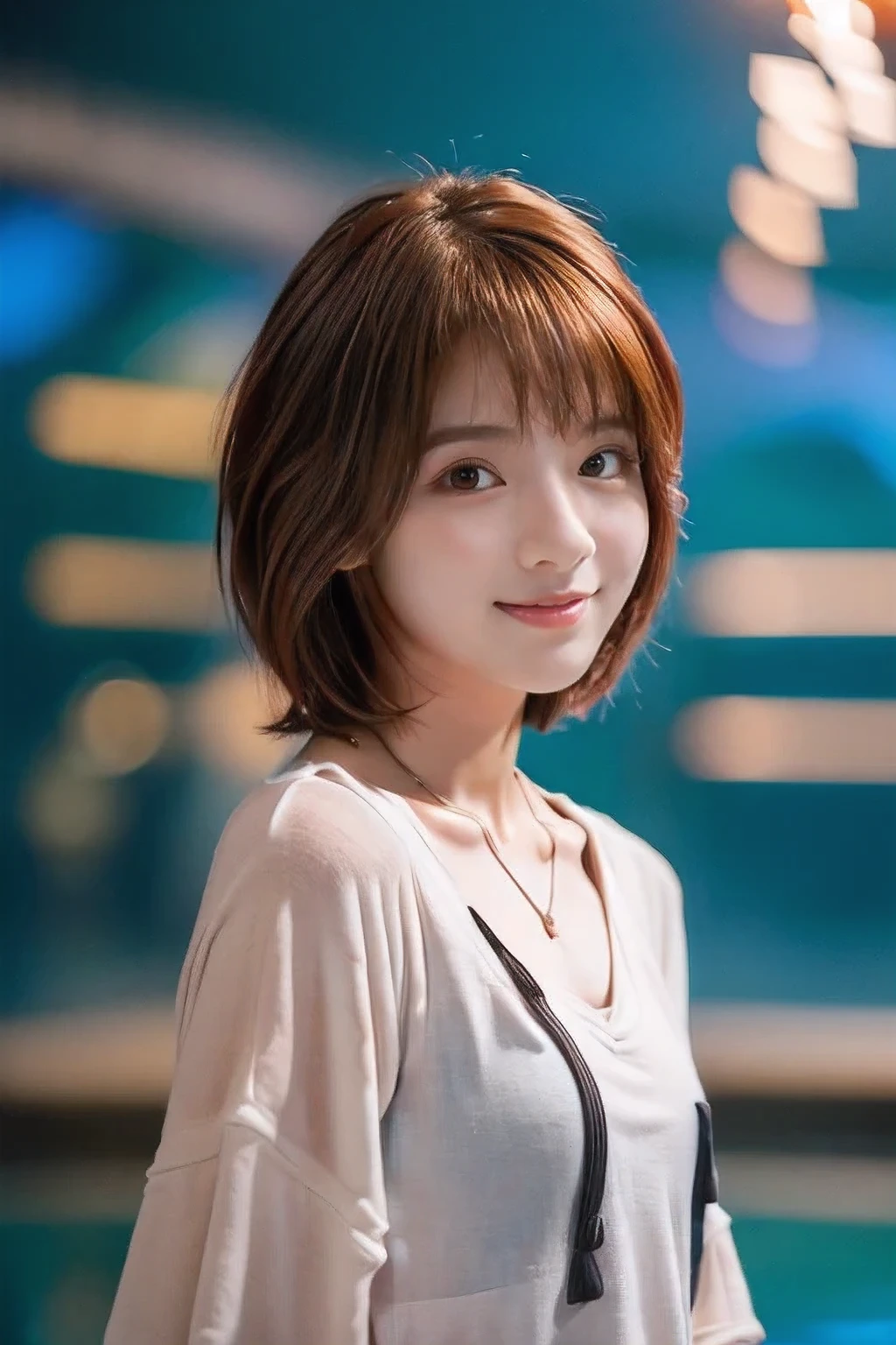 (18-year-old female:1.5)、(Having a date at the aquarium:1.5), (Walking with my boyfriend:1.2)、(The best quality at its best:1.4), (Super detailed), (Very detailed CG unified 16k), (Beautiful woman with perfect figure: 1.4), Sharp focus: 1.2, Very detailed, High-quality RAW color photos, Professional photography, Great face and eyes, cosmetics, (Amazingly beautiful girl), ((Casual appearance:1.5)), Realistic movie faces, Wide zoomed out view of head to foot length, Full body long view, Realistic, ((Realistic natural orange red hairstyle, Realistic blue eyes)), ( Short Bob Hair:1.5), (necklace:1.5)、(Looking at him with a gentle smile:1.5), Perfect model beauty, Mouth swelling, Highly detailed face and skin texture, Fine grain, double eyelid, Medium chest, (masterpiece), highest quality, High resolution, Very detailed, Blurred Background, Depth of written boundary, Cinema Lighting, Great legs, , Clear, well-maintained skin, (((Women make up the majority of the photo)))