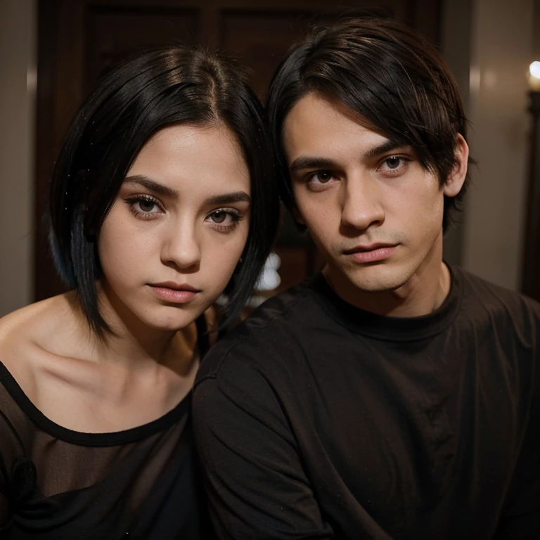 Emo couple interracial the boy is Polish, similar to Dominik Santorski from the movie Suicide Room He is Polish, grayish blue eyes, white complexion , tall 1.91cm and slim, his hair is dark brown and short hair emo style The girl is Mexican emo girl long straight black hair ,she has curvy body and black eyes she is shorty 1.65cm Light brown complexion , she is more shorty than him , Make them in fine art at night, posing for a photo, make them holding hands