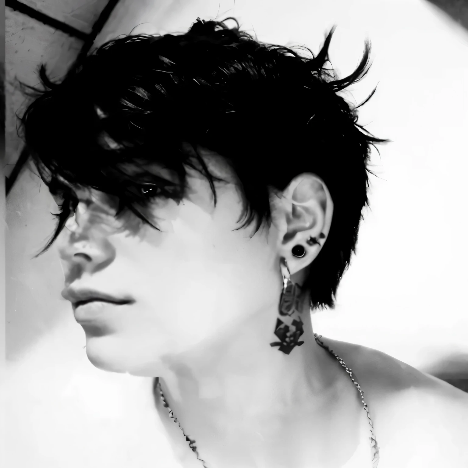 un primer plano de una persona con un collar y un collar, androgynous face, androginia, androgynous person, androgynous male, using spikes and piercings, delicate androgynous prince, androgynous, beautiful androgynous prince, inspired by Kristian Kreković, beautiful androgynous girl, El chico tiene el pelo negro corto.