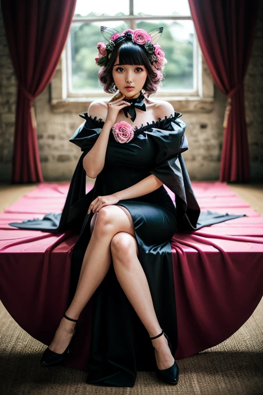 girl sitting on giant draped fabric flower wearing a pink moth gothic dress