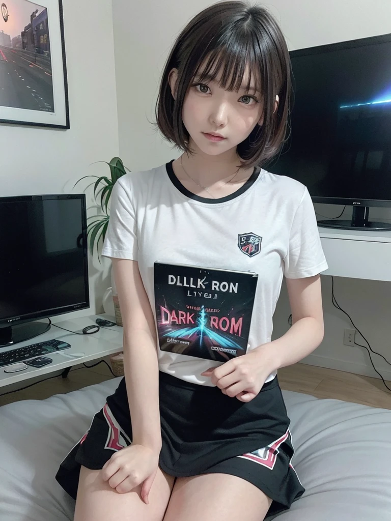 There is a girl sitting on the bed in the room and playing video games, Large-screen TV, Teen Room with books, cyber punk, Inspired by Liam Wong, At night, Dark Room, Lo-fi illustration style, Gamer Room, Study in your room, Cyril rolled around.W Karuta, Teen Room.  