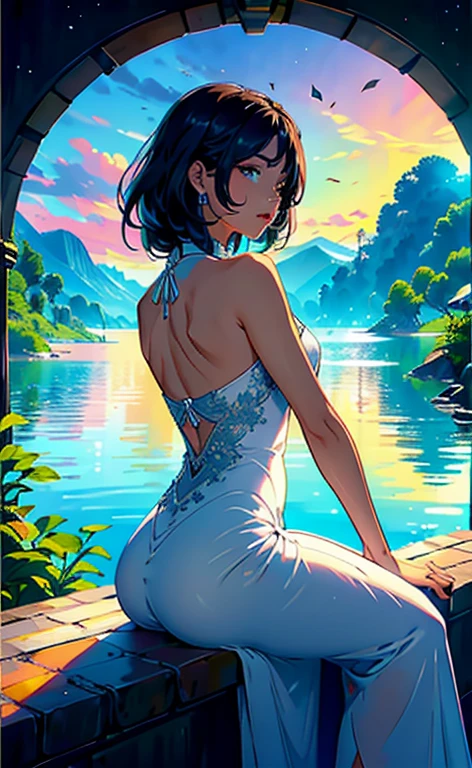 1 chica, serene expression, ojos fascinantes azules, pelo largo y liso de color negro, vestido fluido, postura equilibrada, piel de porcelana, rubor sutil, colgante de cristal BREAK hora dorada, (Edge lighting):1.2, warm tones, llamarada del sol, destello solar, sombras suaves, colores vibrantes, pictorial effect, dreamy atmosphere REST scenic lake, distant mountains, sauce, aguas tranquilas, reflection, nubes iluminadas por el sol, ambiente tranquilo, idyllic sunset, ultra detallado, arte oficial, fondo de pantalla de unidad 8k
, zentangle, mandala