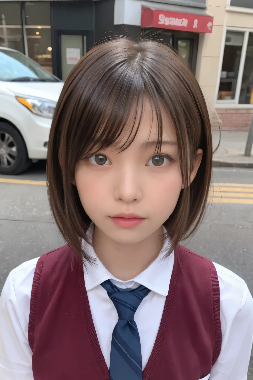 one girl, (a beauty girl, delicate girl:1.3), (, Gal:1.3),
break, (school uniform:1.3),
break, Very fine grain definition, (Symmetrical eyes:1.3),
break, (Street view:1.3),
break, Small breasts, Brown eyes, Parted bangs, Brown Hair,  girl,
break, (Eye and facial details:1.0),
break, (masterpiece, highest quality, Super detailed, Detailed face, 8k)