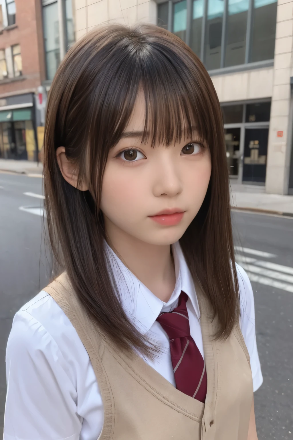 one girl, (a beauty girl, delicate girl:1.3), (12 years old, Gal:1.3),
break, (school uniform:1.3),
break, Very fine grain definition, (Symmetrical eyes:1.3),
break, (Street view:1.3),
break, Small breasts, Brown eyes, Parted bangs, Brown Hair, girl,
break, (Eye and facial details:1.0),
break, (masterpiece, highest quality, Super detailed, Detailed face, 8k)