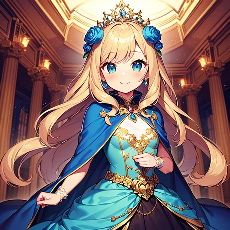 (kawaii),(best quality),(ultra detailed), upper body,(rococo style),(long train mint blue cape:1.05), very long cape,(long train mint blue ball gown with flower decorations:1.05), a girl is wearing a cape over her gown, 1 princess, tiara, smile, small breasts, very long hair