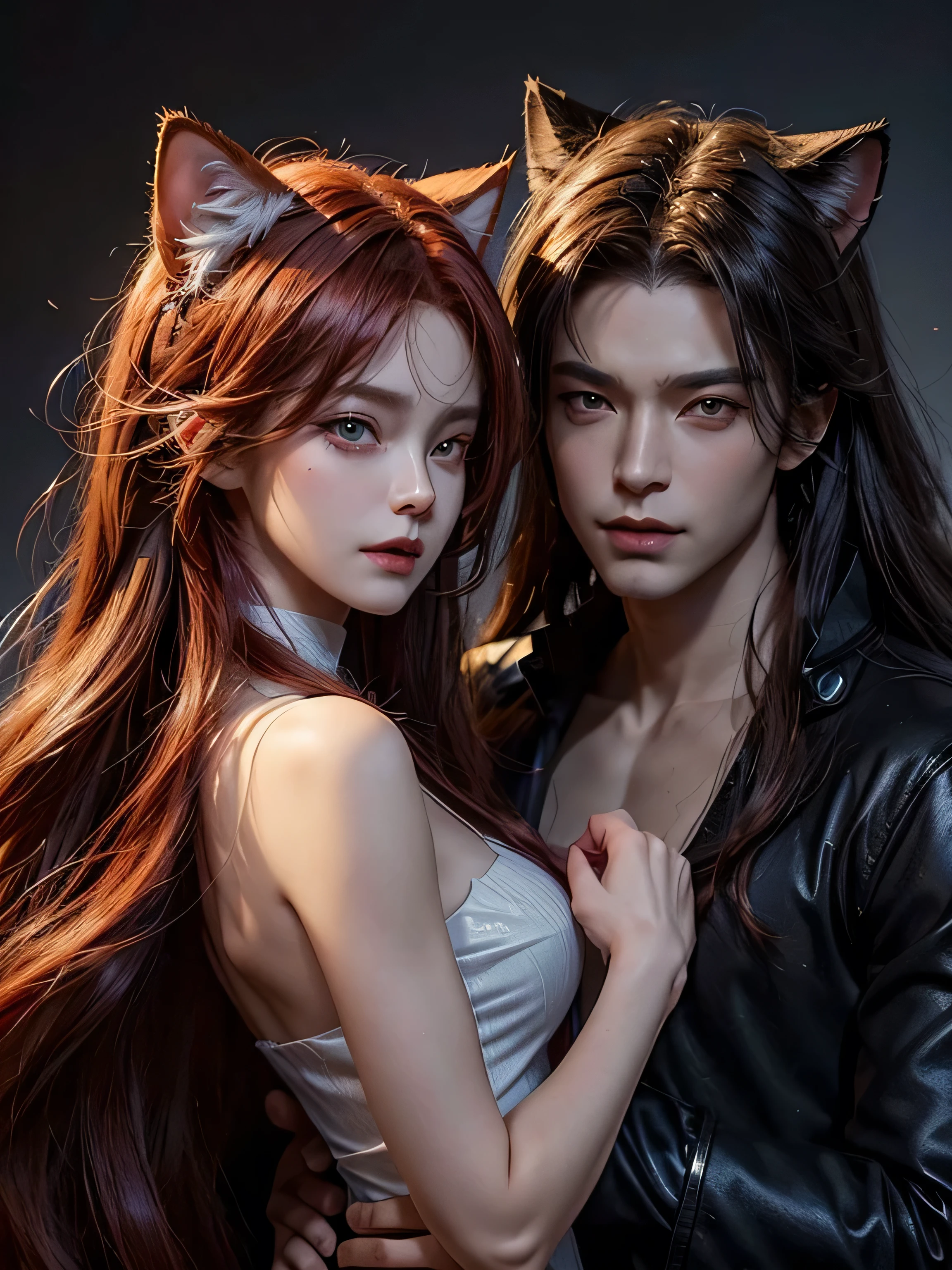 (Best Quality, 8K, Masterpiece, HDR, Soft Lighting, Picture Perfect, Realistic, Vivid), (woman, red hair, brown eyes, cat ears, close to man)( man, male, black hair, blue eyes, Man with cat ears, get ear) woman and man, cat ears, couple, (((full size figure))) Eyes looking at camera (with long red hair, long bangs, Forehead, smile, seductive, anime character portrait inspired) color difference, depth of field, dramatic shadow, ray tracing, best quality, highly detailed CG, 8K wallpaper, [Carefully rendered hair [Read more about beautiful and shiny hair]] ,(Perfect hand detail [ Beautiful fingers without breakage [Beautiful nails]],(Perfect anatomy (Perfect proportions)) [[Resembles the whole body]],[Perfect color coordination (Accurate imitation of the interaction of light and material)], [Fine art, conveying the meaning of the story]