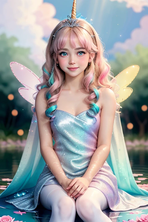 girl sitting on giant draped fabric flower in shimmering water pond, blond long curly hair with turquoise highlights, brown eyes, youthful face, pink sparkle summerdress, soft pastel light, gentle smile, content expression, white sheer pantyhose, blushing cheeks, angle from below, pink lipgloss, blurry fairylights in background, glitter sparkly bokeh effect, orange and pink gradient background, fairywings, shy pose, silver princess unicorn tiara, blue shimmer, rainbow light backlit, soft edges, soft colors, angelic face, innocent doll eyes, holding fairywand, straight forward angle, clouds in the sky background, shimmering makeup, glitter highlights in hair