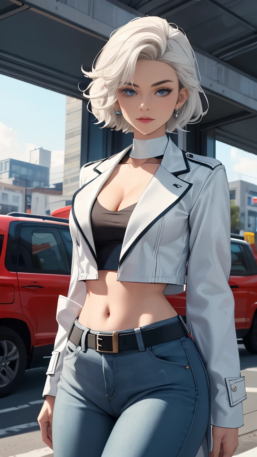 (Highly quality, masterpiece, detailed), city detailed scenario, city detailed background, 20 years old girl, solo, SilverSable_aiwaifu, 1girl, short hair, belt , sleeves rolled up, jewelry, Sliver Hair, blue eyes, coat, white coat, open coat, Cleavage, sliver pants, leather pants, Sliver top, leather top, crop top, Abdomen, Navel, beautiful eyes, perfect eyes, looking at the viewer, Sexy pose