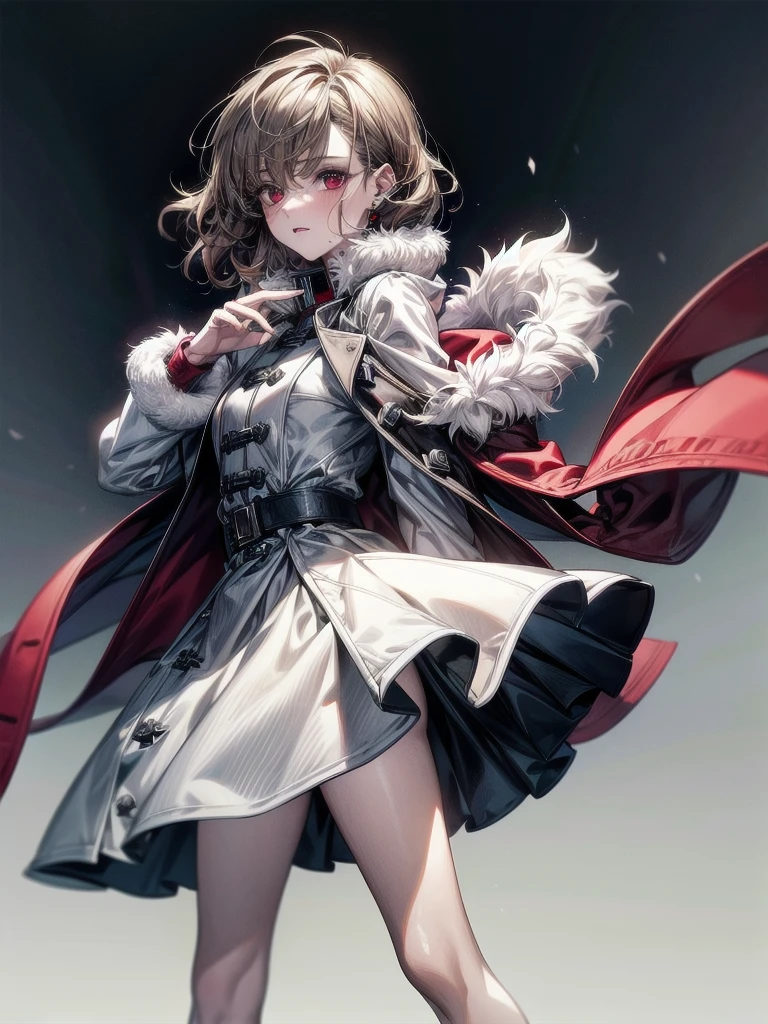 duffle coat, absurdres, RAW photo, extremely delicate and beautiful, masterpiece, Best Quality, ultra high resolution, 32k, hyperrealistic, ultra-detailed, detailed description, pale skin, 20 years old, tearful mole, earring, short medium hair, wavy hair, whole body shot, legs, Red eyes,