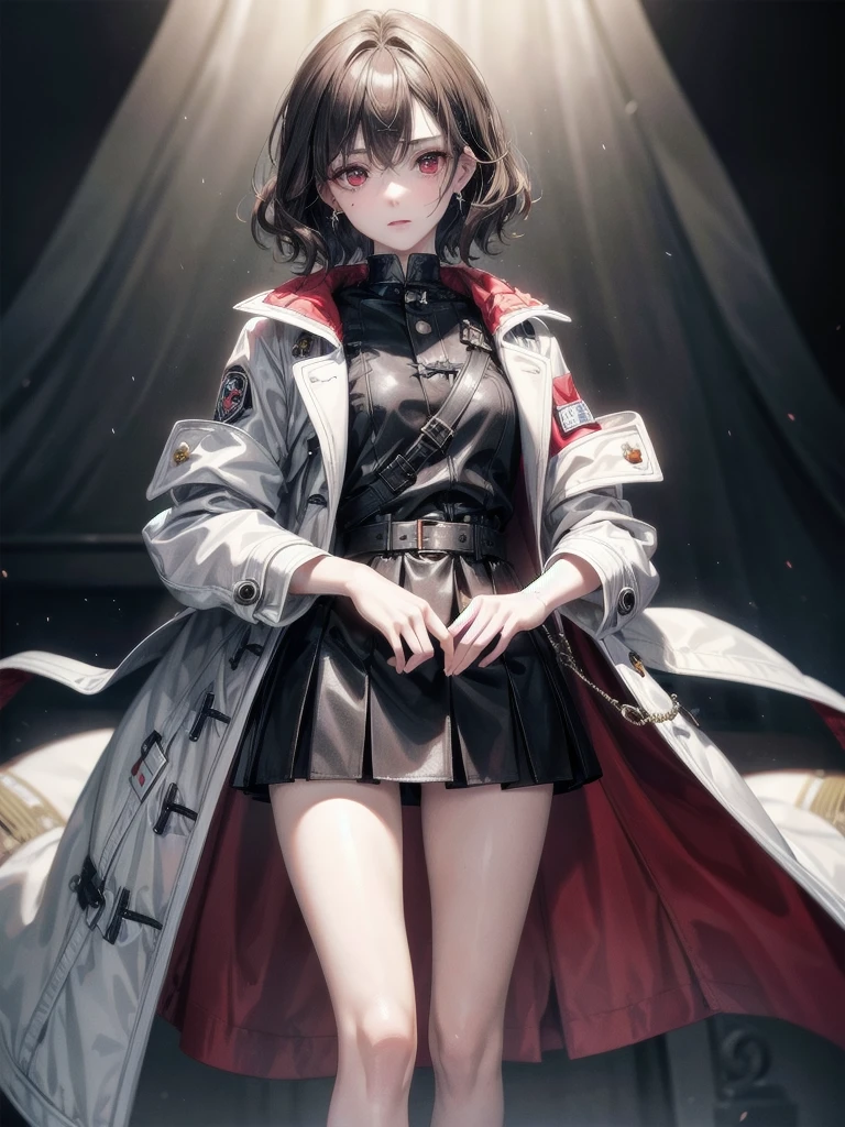 duffle coat, absurdres, RAW photo, extremely delicate and beautiful, masterpiece, Best Quality, ultra high resolution, 32k, hyperrealistic, ultra-detailed, detailed description, pale skin, 20 years old, tearful mole, earring, short medium hair, wavy hair, whole body shot, legs, Red eyes, 