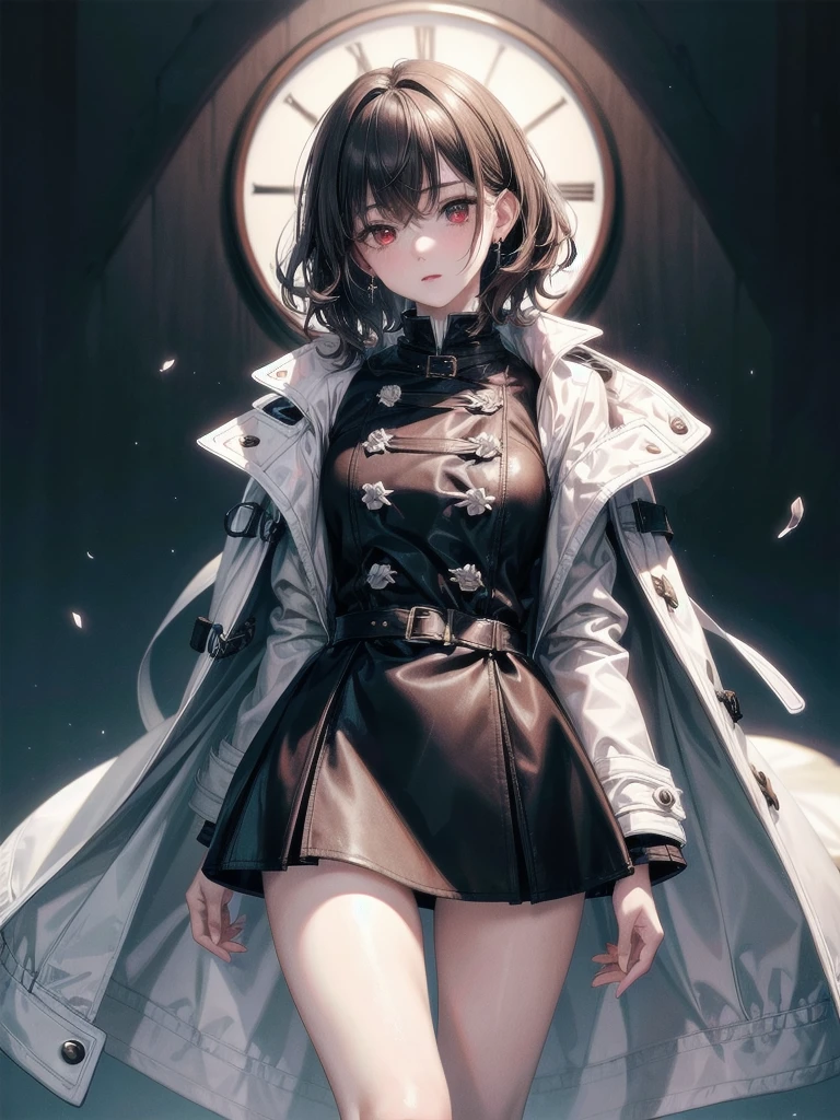 duffle coat, absurdres, RAW photo, extremely delicate and beautiful, masterpiece, Best Quality, ultra high resolution, 32k, hyperrealistic, ultra-detailed, detailed description, pale skin, 20 years old, tearful mole, earring, short medium hair, wavy hair, whole body shot, legs, Red eyes,