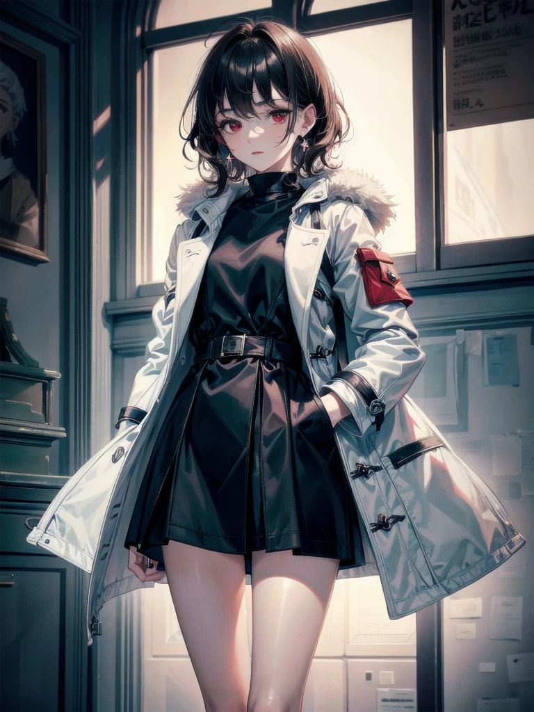 duffle coat, absurdres, RAW photo, extremely delicate and beautiful, masterpiece, Best Quality, ultra high resolution, 32k, hyperrealistic, ultra-detailed, detailed description, pale skin, 20 years old, tearful mole, earring, short medium hair, wavy hair, whole body shot, legs, Red eyes,
