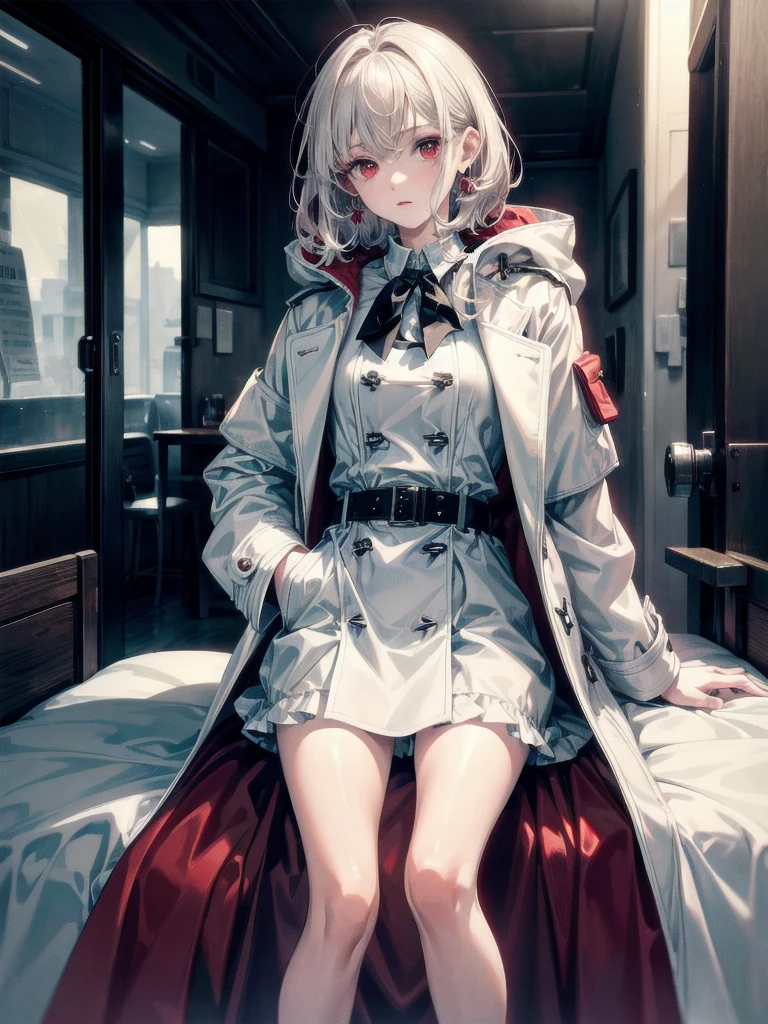duffle coat, absurdres, RAW photo, extremely delicate and beautiful, masterpiece, Best Quality, ultra high resolution, 32k, hyperrealistic, ultra-detailed, detailed description, pale skin, 20 years old, tearful mole, earring, short medium hair, wavy hair, whole body shot, legs, Red eyes,