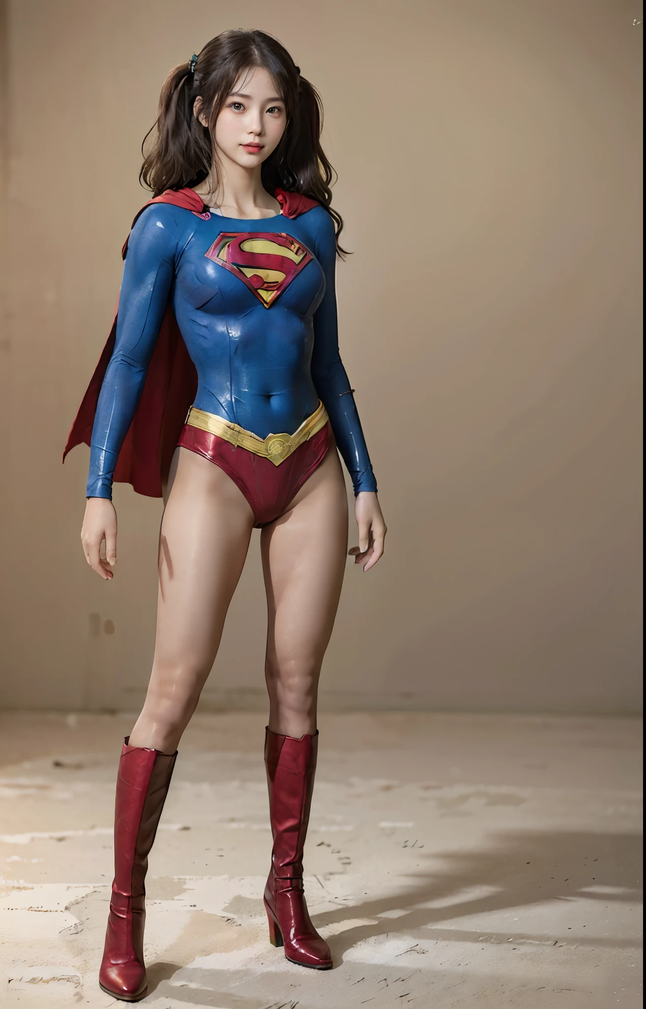 No background、(((Beautiful legs in black tights.)))、(((Legally express the beauty of your smile)))、((((Make the most of your original images)))、(((Body-fitting Supergirl costume)))、(((Supergirl Costume)))、(((Beautiful hair with twin tails)))、(((suffering)))、(((Please wear black tights....、Wear red boots)))、((Best image quality、8k))、((highest quality、8k、masterpiece:1.3))、(((Preserve background )))、Sharp focus:1.2、Beautiful woman with perfect figure:1.4、Slim Abs:1.2、Wet body:1.5、Highly detailed face and skin texture、8k