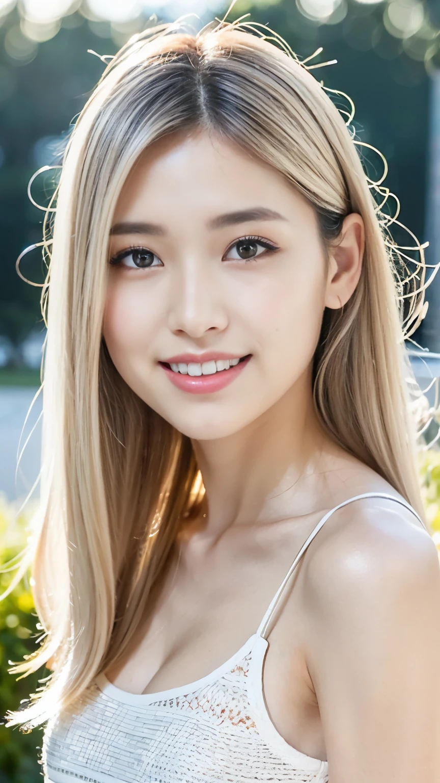 Japanese Girls、abroad、((highest quality,masterpiece,超A high resolution)),(Realistic:1.4),1 girl,Head to Knee,Dynamic posture,Adult face,slim,thin、(smile),(Shiny skin),(overview,frontage,Twilight),Gray Hair,Long white hair,Rainbow Eyes,Large Breasts,Top Fashion,mini skirt),(Clear Eyes),(Beautiful nose),(Transparent lips),(Fair skin),(Ultra-realistic woven texture)