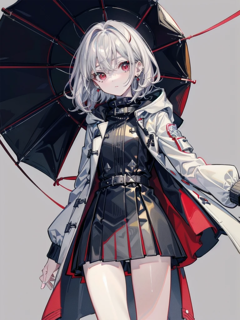 duffle coat, absurdres, RAW photo, extremely delicate and beautiful, masterpiece, Best Quality, ultra high resolution, 32k, hyperrealistic, ultra-detailed, detailed description, pale skin, 20 years old, tearful mole, earring, short medium hair, wavy hair, whole body shot, legs, Red eyes,