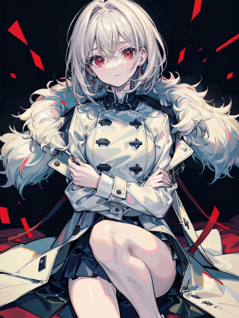 duffle coat, absurdres, RAW photo, extremely delicate and beautiful, masterpiece, Best Quality, ultra high resolution, 32k, hyperrealistic, ultra-detailed, detailed description, pale skin, 20 years old, tearful mole, earring, short medium hair, wavy hair, whole body shot, legs, Red eyes,