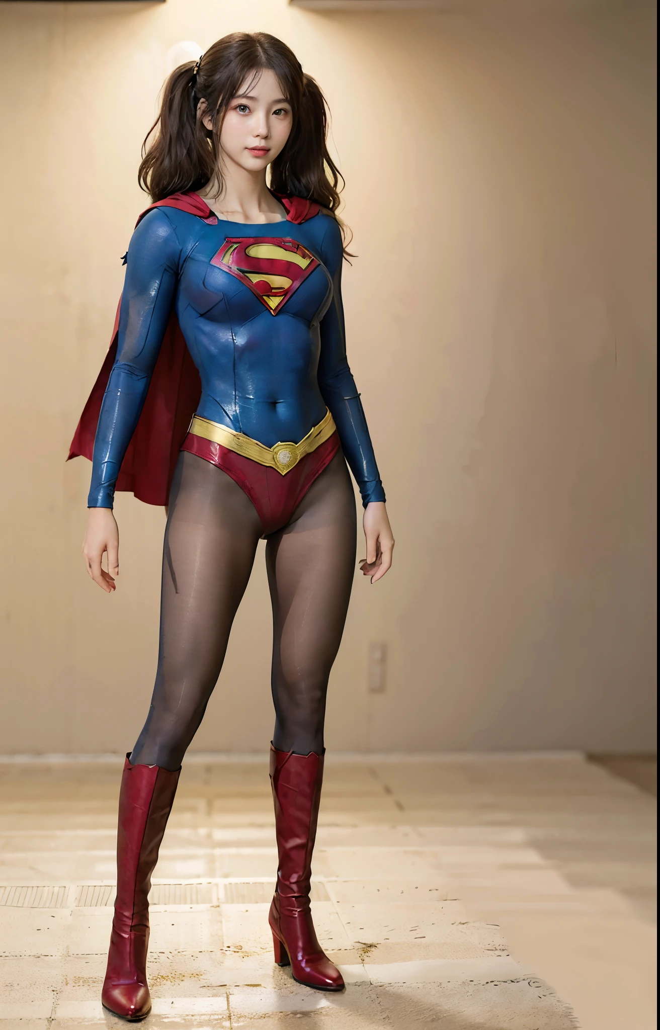 No background、(((Beautiful legs in black tights.)))、(((Legally express the beauty of your smile)))、((((Make the most of your original images)))、(((Body-fitting Supergirl costume)))、(((Supergirl Costume)))、(((Beautiful hair with twin tails)))、(((suffering)))、(((Please wear black tights....、Wear red boots)))、((Best image quality、8k))、((highest quality、8k、masterpiece:1.3))、(((Preserve background )))、Sharp focus:1.2、Beautiful woman with perfect figure:1.4、Slim Abs:1.2、Wet body:1.5、Highly detailed face and skin texture、8k