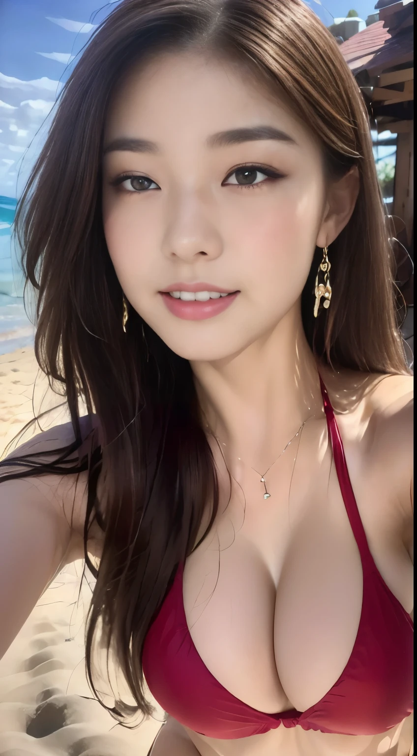 ((highest quality, 8k, masterpiece :1.3)), One Girl, ,A very attractive smile:1.2,, Red lipstick:1.2,Slim face, Big Breasts:1.3, Saggy breasts:1.2,Detailed face, double eyelid, Hawaii,At the Beach,,Looking into the camera,good,((Red Micro Bikini)),(masterpiece: 1.3), (Maximum resolution: 1.4), (Ultra-high resolution: 1.2), Cinematic Light, Ultra-high resolution, (Detailed eyes and skin), (Features of Detailed face), 8K resolution, Perfect Style, beautiful 、Light brown hair,Straight Long Hair,175cm,From above