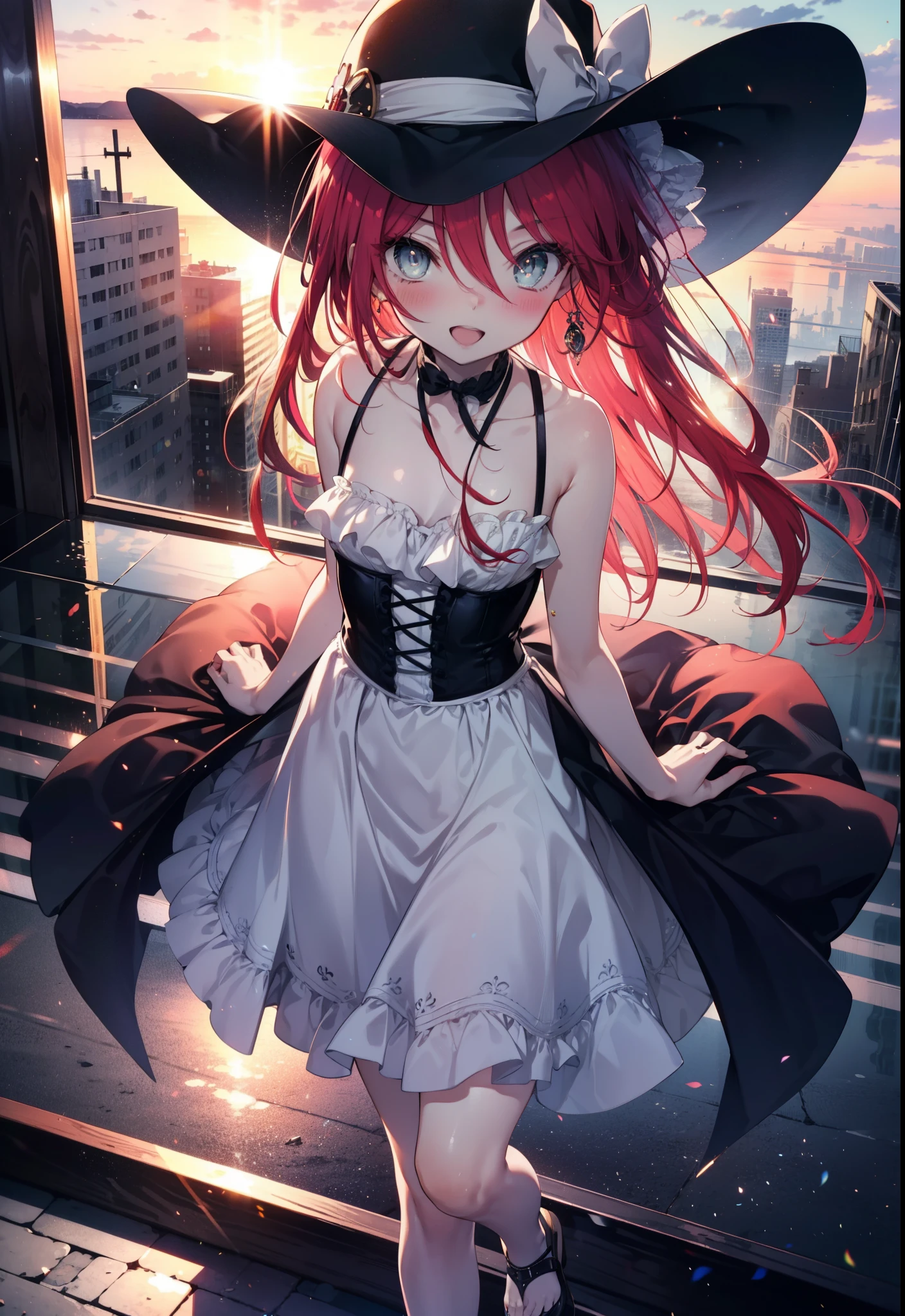 Shana,灼眼のShana,Ahoge,Long Hair,Redhead, Red eyes:1.5, Small breasts,smile,blush,Open your mouth,Sleeveless dress,Exposing shoulders,bare clavicle,Bare neck,Rocket Pendant,White Hat,Long skirt,Cute heeled sandals,Looking down from above,sunset,evening,The sun goes down,whole bodyがイラストに入るように,
break looking at viewer, whole body,
break outdoors, City Street,construction area,
break (masterpiece:1.2), highest quality, High resolution, unity 8k wallpaper, (shape:0.8), (Beautiful and beautiful eyes:1.6), Highly detailed face, Perfect lighting, Extremely detailed CG, (Perfect hands, Perfect Anatomy),