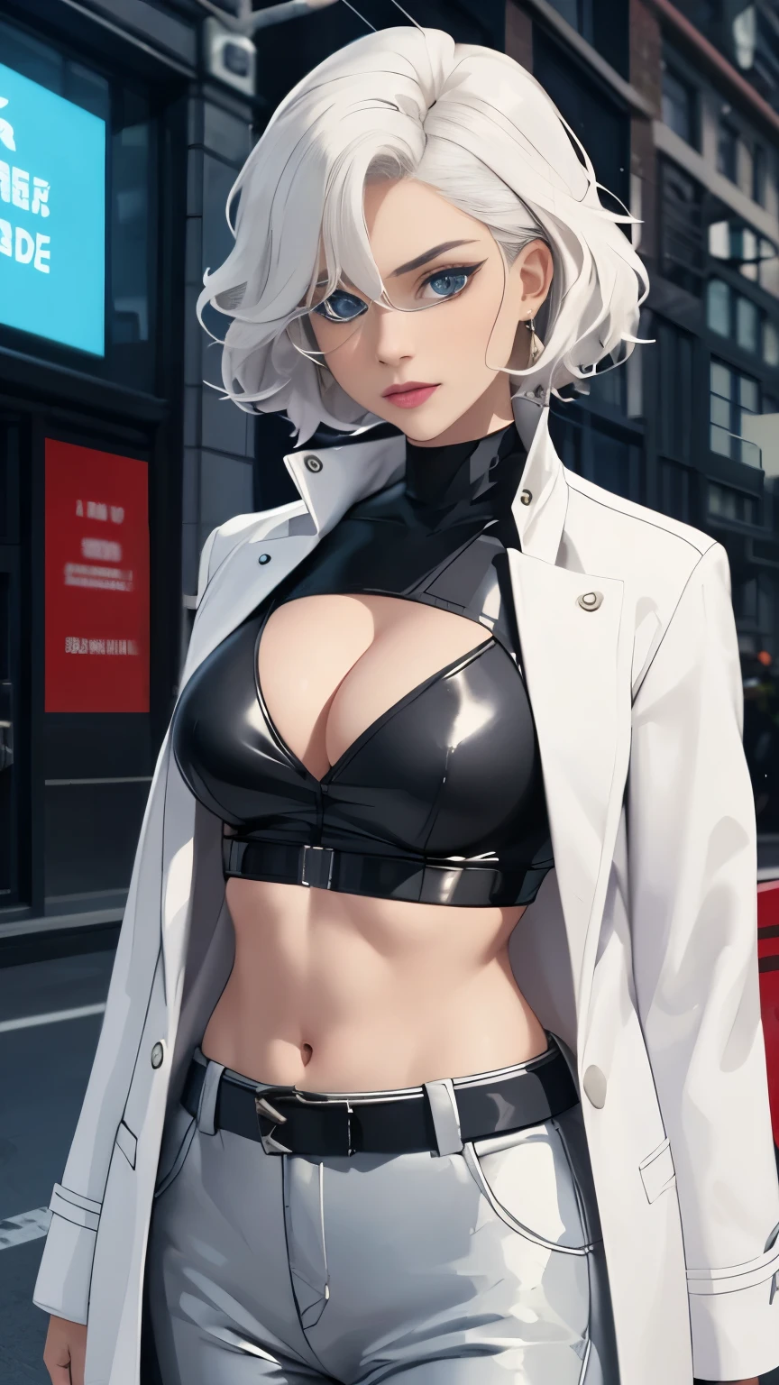 (Highly quality, masterpiece, detailed), city detailed scenario, city detailed background, 20 years old girl, solo, SilverSable_aiwaifu, 1girl, short hair, belt , sleeves rolled up, jewelry, Sliver Hair, blue eyes, coat, white coat, open coat, Cleavage, sliver pants, leather pants, Sliver top, leather top, crop top, Abdomen, Navel, beautiful eyes, perfect eyes, looking at the viewer, Sexy pose