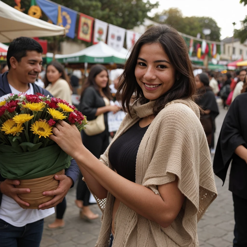 une femme mexicaine, sur un marché, porte un poncho, Photo brute, DSLR,  (profondeur de champ), cheveux traditionnels, pose ludique, 27 ans, souriant,  un temps superbement ensoleillé,  soft lighting,