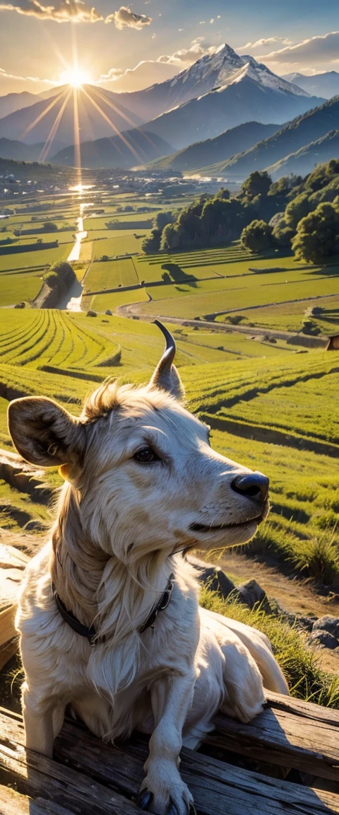 ((masterpiece, highest quality, Highest image quality, High resolution, photorealistic, Raw photo, 8K)),A small  sitting on a buffalo's back, with a cheerful face, dressed like a shepherd, playing a flute, a buffalo plowing the fields, many other buffaloes too, rice fields with beautiful views, also mountains, birds flying , warm sunshine, what a beautiful view, [ graphic photo ], portrait! outdoor, viewpoint photo, iphone photo, very real, outdoor photo,