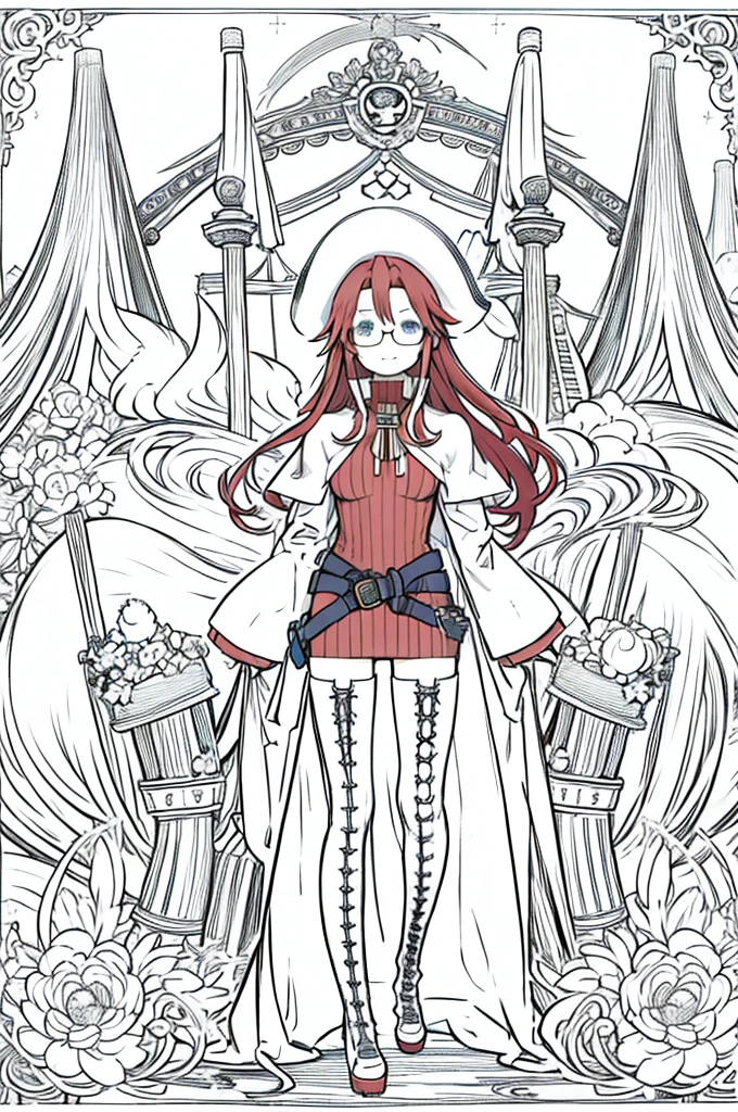 masterpiece, highest quality、Medium wide shot、1 Mature Woman、((((Flat Color))))、(((Anime Lineart)))、(aty, long hair, blue eyes, red hair、Hair between the eyes)、Big Breasts、thighhighs, hat, dress, boots, glasses, belt, cape, sweater, zettai ryouiki, beret, thigh boots, white footwear, ribbed sweater, loose belt、Smiling、Pirate ship in the background、