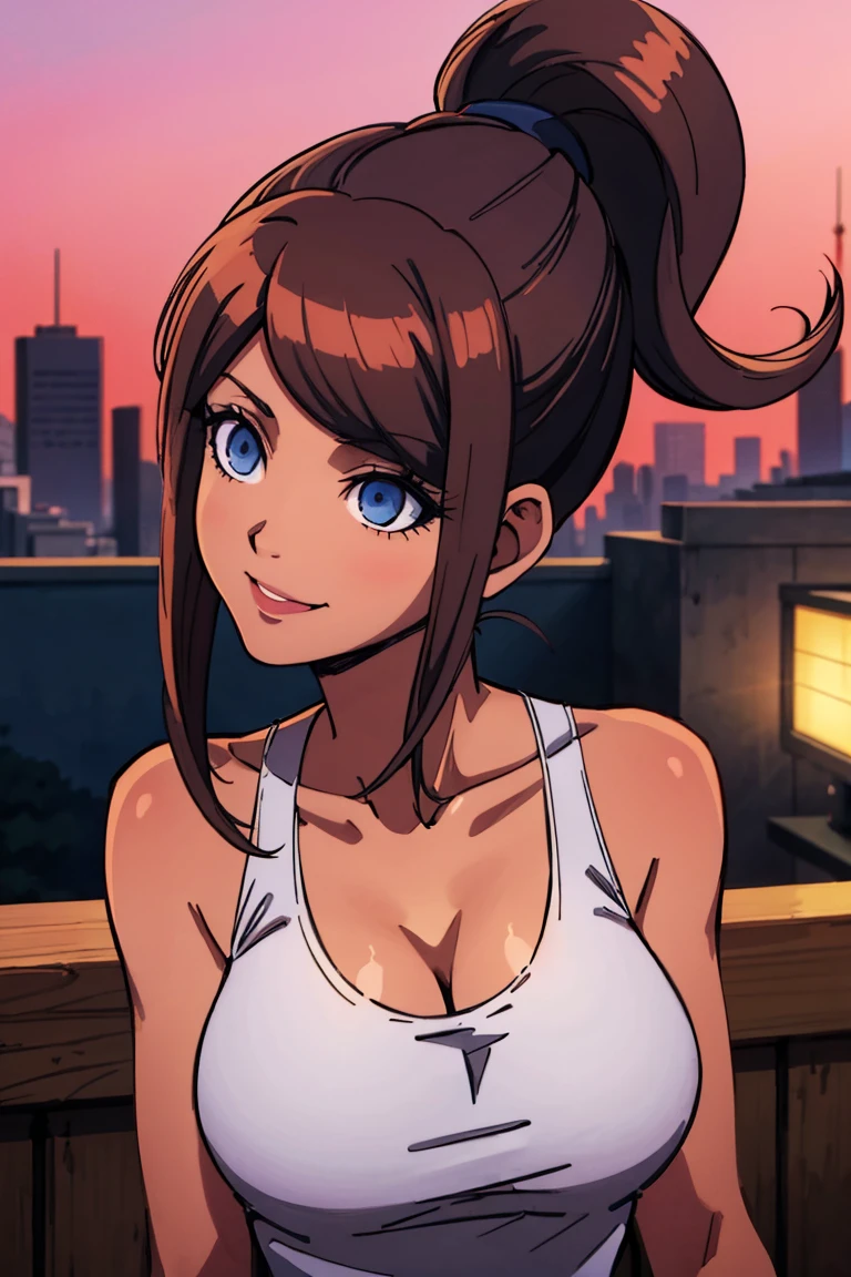 ((best quality)), ((masterpiece)), (detailed), perfect face, (((18 year old teen girl))), (((spaghetti strap pyjama top))), ((pyjama shorts)), (((city street))), ((view from above)), ((bare legs)), ((legs together)), (((peak down cleavage))), ((sitting)), ((brown hair)), ((ponytail)), ((shy)), ((leaning forward)), ((small medium breasts))