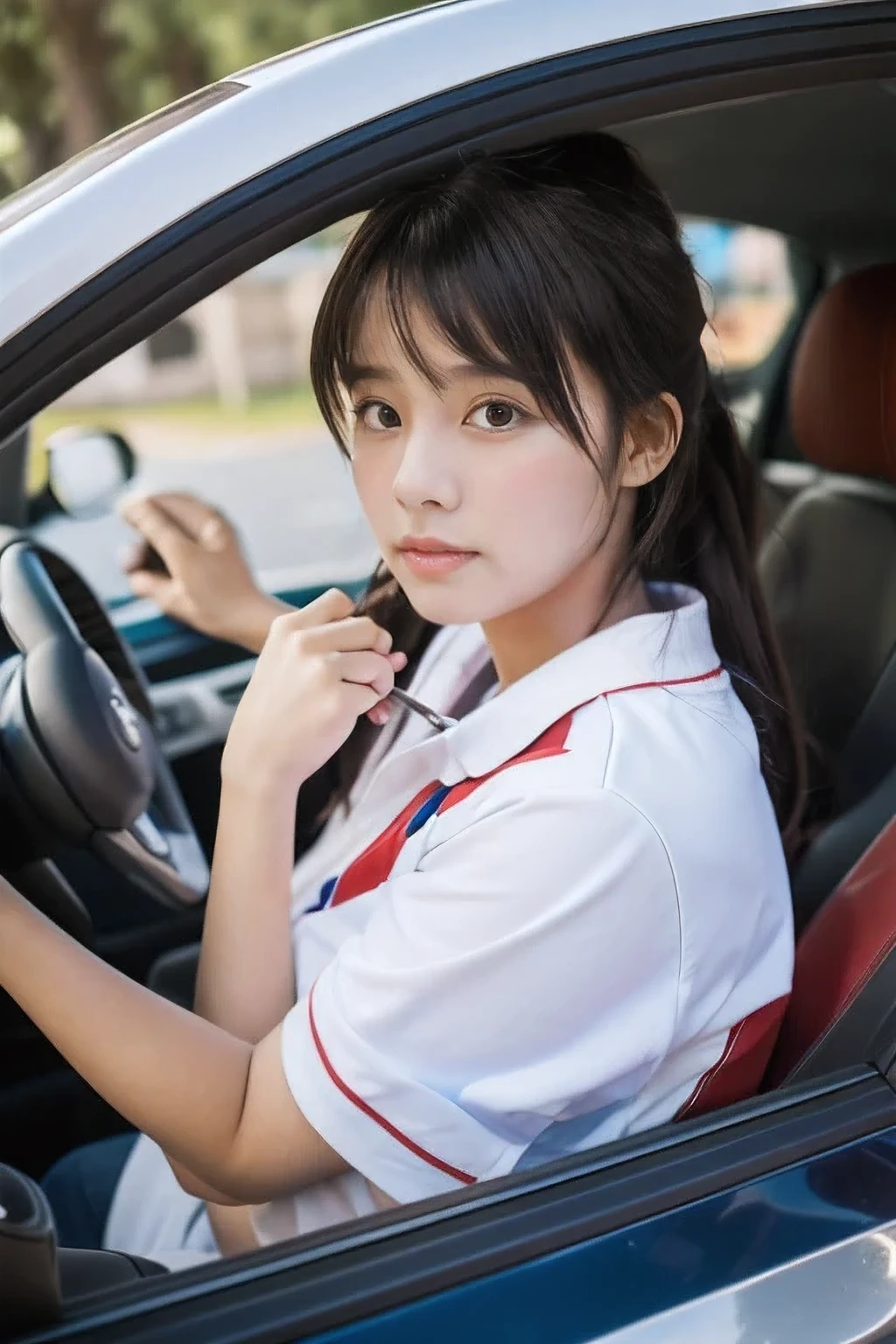A calico cat is driving a sports car
