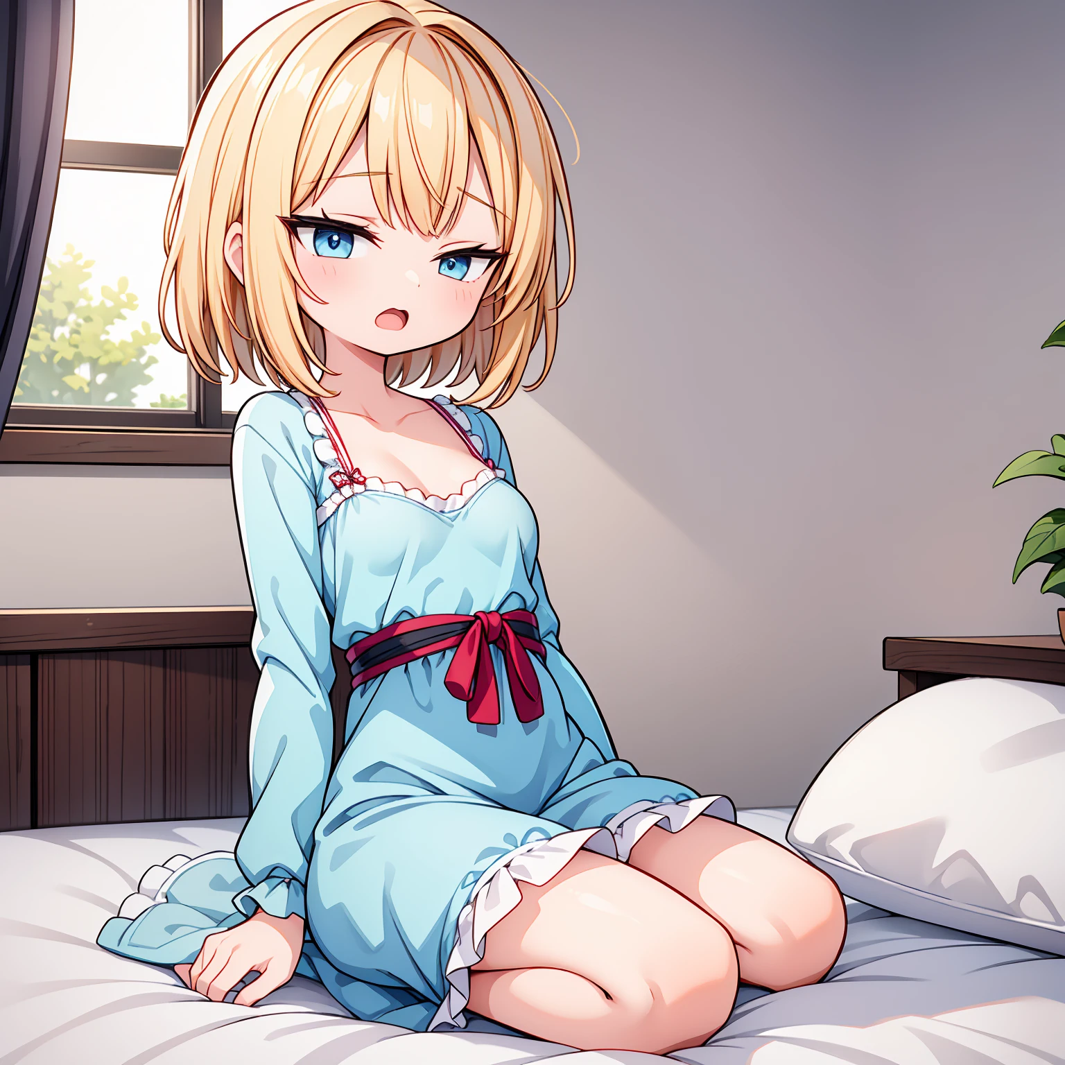 ((ultra detailed, masterpiece, best quality, 8k)), BREAK, 1girl, solo, (very flat breasts:1.4), (chibi:0.6),clear skinned female:1.2, ,(clear skin:1.8), blonde hair, short hair, pixie cut, wavy hair, blue eyes, one eyes closed, wake up yawn, open mouth, covering mouth, pijamas, (white pijamas), window, morning, looking at viewer, sitting, seiza, waking up, on bed, full body, detailed hands, show tits, BREAK
