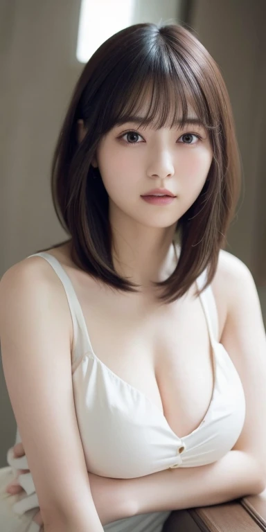 masterpiece, highest quality, 8k, 20th generation, Big Breasts, cute, alone, sad, cute, Girlish, Delicate girl, Pure beauty, RAW Photos, Professional photography, Portraiture, Soft Light, Professional Lighting, Backlight, Upper Body, avert your eyes, Sophisticated, Film Grain, (Eye and facial details:1.0), floating short hair, beautiful, Flowing Hair, Asymmetrical bangs、(Big Breasts:1.2)、Loose sleeveless、I can see your armpits、You can see a little bit of her chest.、dolly make、Heterochromia iridis