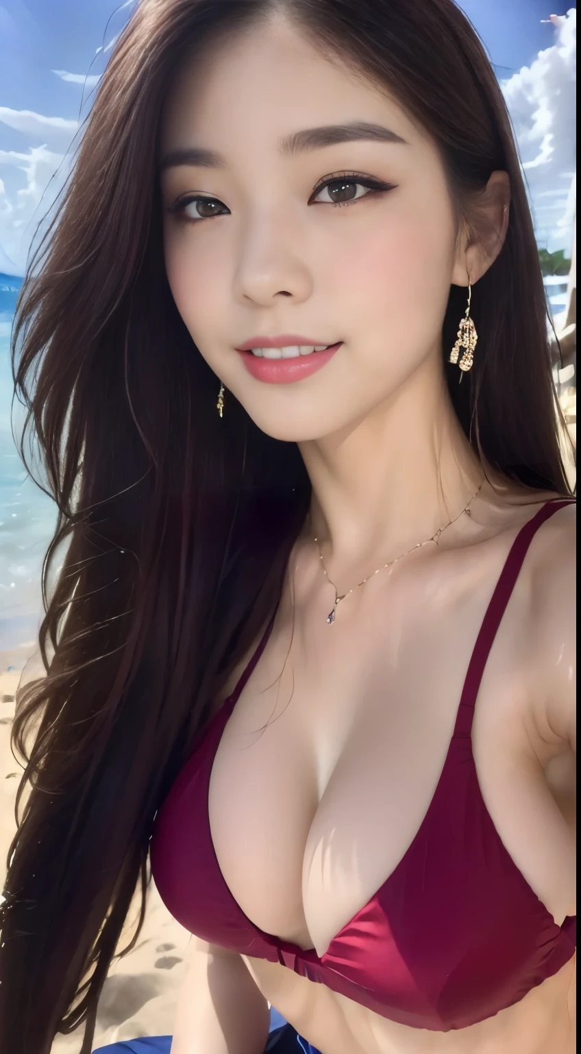((highest quality, 8k, masterpiece :1.3)), One Girl, ,A very loving smile:1.2,, Red lipstick:1.2, Big Breasts:1.3, Saggy breasts:1.2,Detailed face, double eyelid, Hawaii,At the Beach,,Looking into the camera,good,((Red Micro Bikini)),(masterpiece: 1.3), (Maximum resolution: 1.4), (Ultra-high resolution: 1.2), Cinematic Light, Ultra-high resolution, (Detailed eyes and skin), (Features of Detailed face), 8K resolution, Perfect Style, beautiful 、Light brown hair,Straight Long Hair,175cm,From above