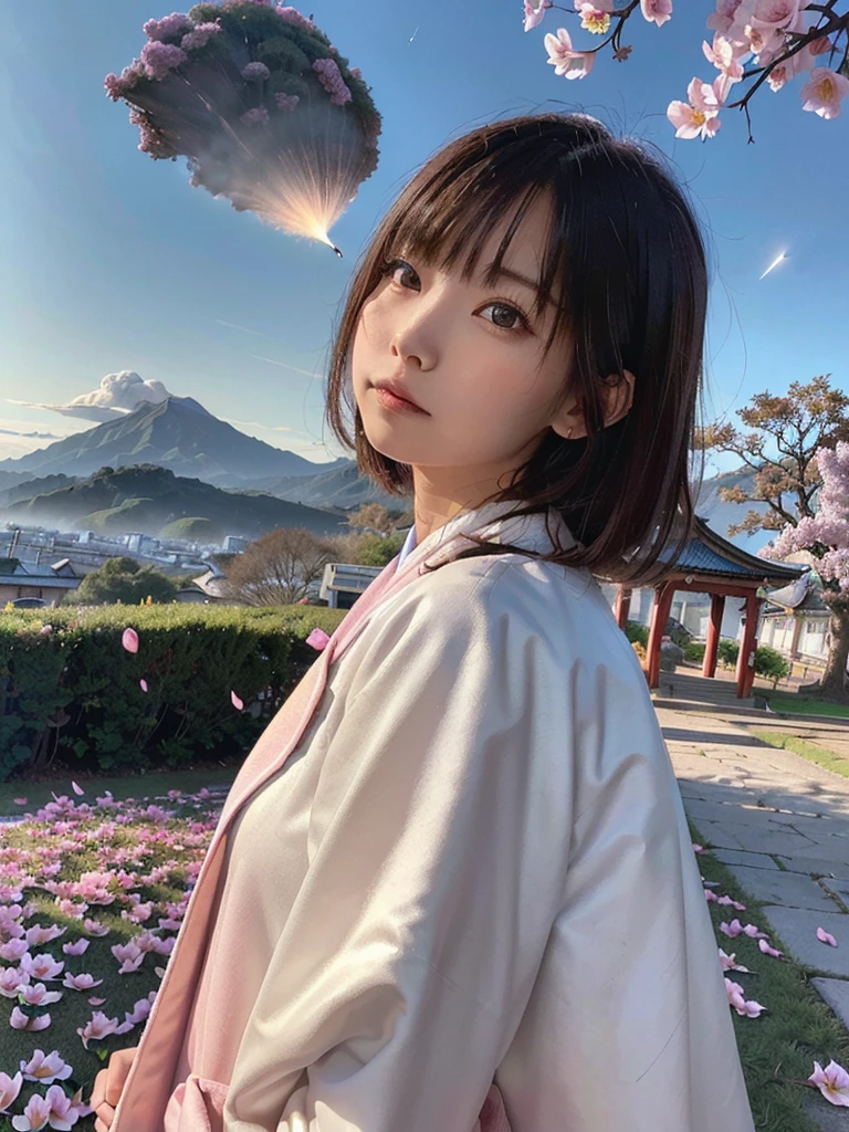 (highest quality, masterpiece),(One girl, Shrine maiden, coat, expression, Iris, Look ahead ,Black Hair, walk, Upper Body), (Night maze sky, Huge old tree behind, Shiny pink petals fall behind, The shrine behind, Mountain Background, Blowing Wind, meteor cloud)