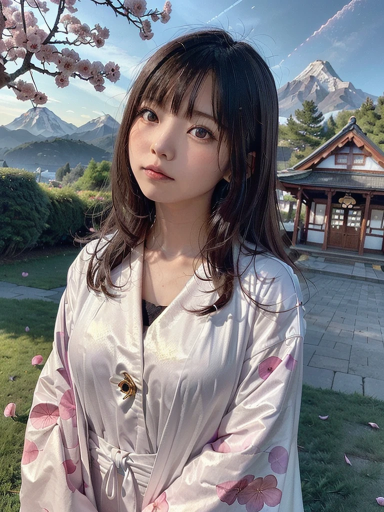 (highest quality, masterpiece),(One girl, Shrine maiden, coat, expression, Iris, Look ahead ,Black Hair, walk, Upper Body), (Night maze sky, Huge old tree behind, Shiny pink petals fall behind, The shrine behind, Mountain Background, Blowing Wind, meteor cloud)