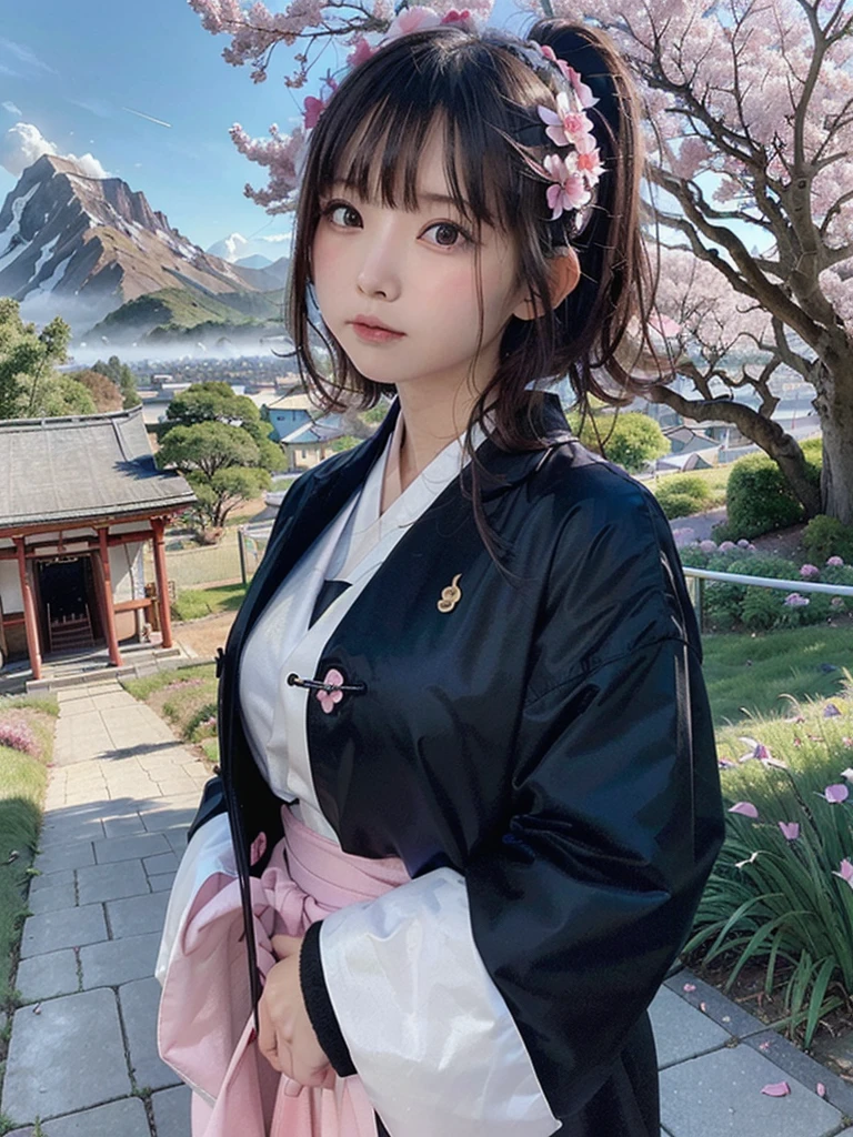 (highest quality, masterpiece),(One girl, Shrine maiden, coat, expression, Iris, Look ahead ,Black Hair, walk, Upper Body), (Night maze sky, Huge old tree behind, Shiny pink petals fall behind, The shrine behind, Mountain Background, Blowing Wind, meteor cloud)