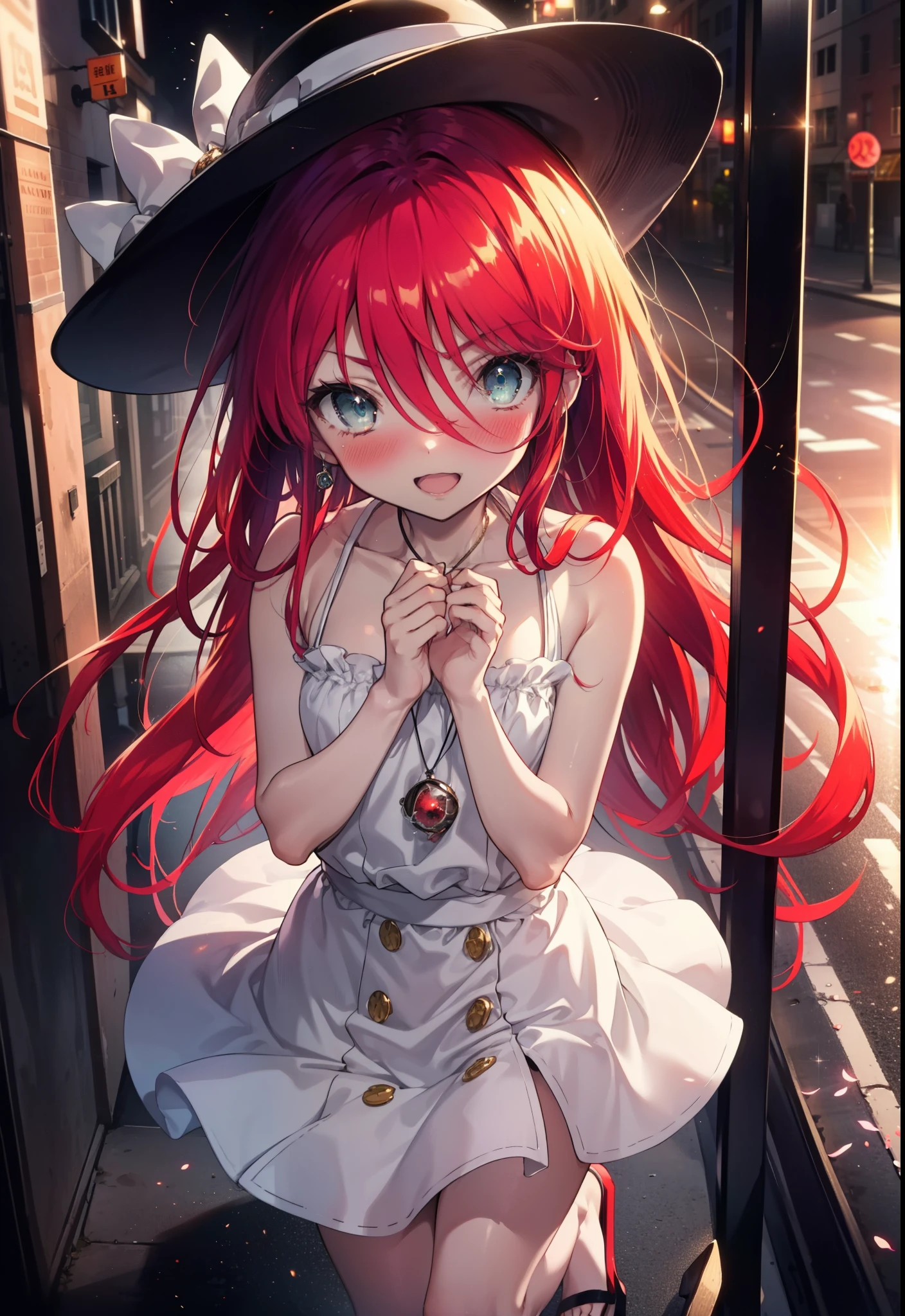 Shana,灼眼のShana,Ahoge,Long Hair,Redhead, Red eyes, Small breasts,smile,blush,Open your mouth,Sleeveless dress,Exposing shoulders,bare clavicle,Bare neck,Rocket Pendant,White Hat,Long skirt,Cute heeled sandals,Looking down from above,sunset,evening,The sun goes down,whole bodyがイラストに入るように,
break looking at viewer, whole body,
break outdoors, City Street,construction area,
break (masterpiece:1.2), highest quality, High resolution, unity 8k wallpaper, (shape:0.8), (Beautiful and beautiful eyes:1.6), Highly detailed face, Perfect lighting, Extremely detailed CG, (Perfect hands, Perfect Anatomy),