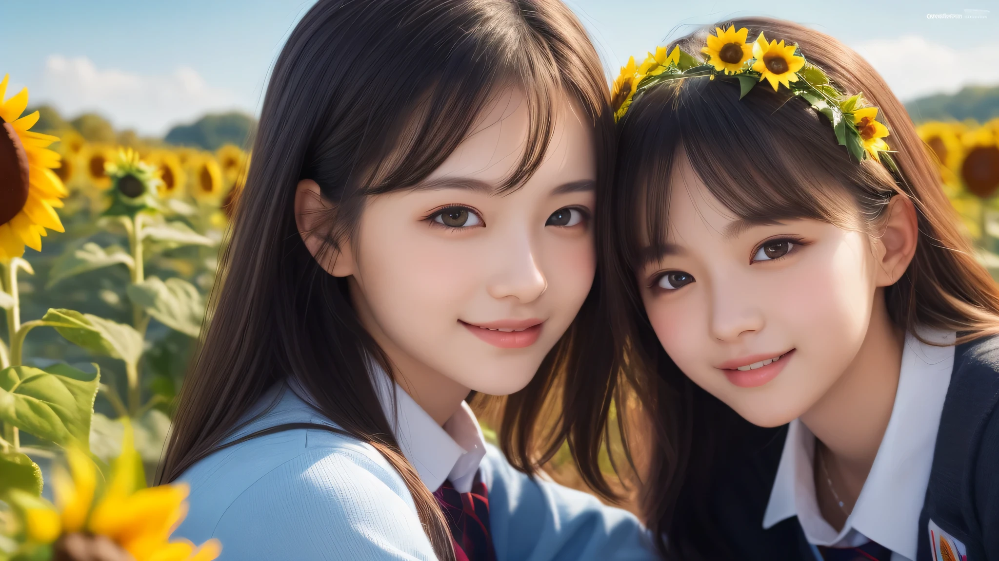 (2girl), bob hair, refreshing smiles, (high school uniform), (Best Quality:1.4), Realistic, extremely detailed CG unified 8k wallpaper, highly detailed, High-definition raw color photos, professional photography, Realistic portrait, Beautiful detailed, (Fine face:1.2), Close up portrait of girl, Outdoors, Beautiful scenery, clear skies, (sunflower:1.2)