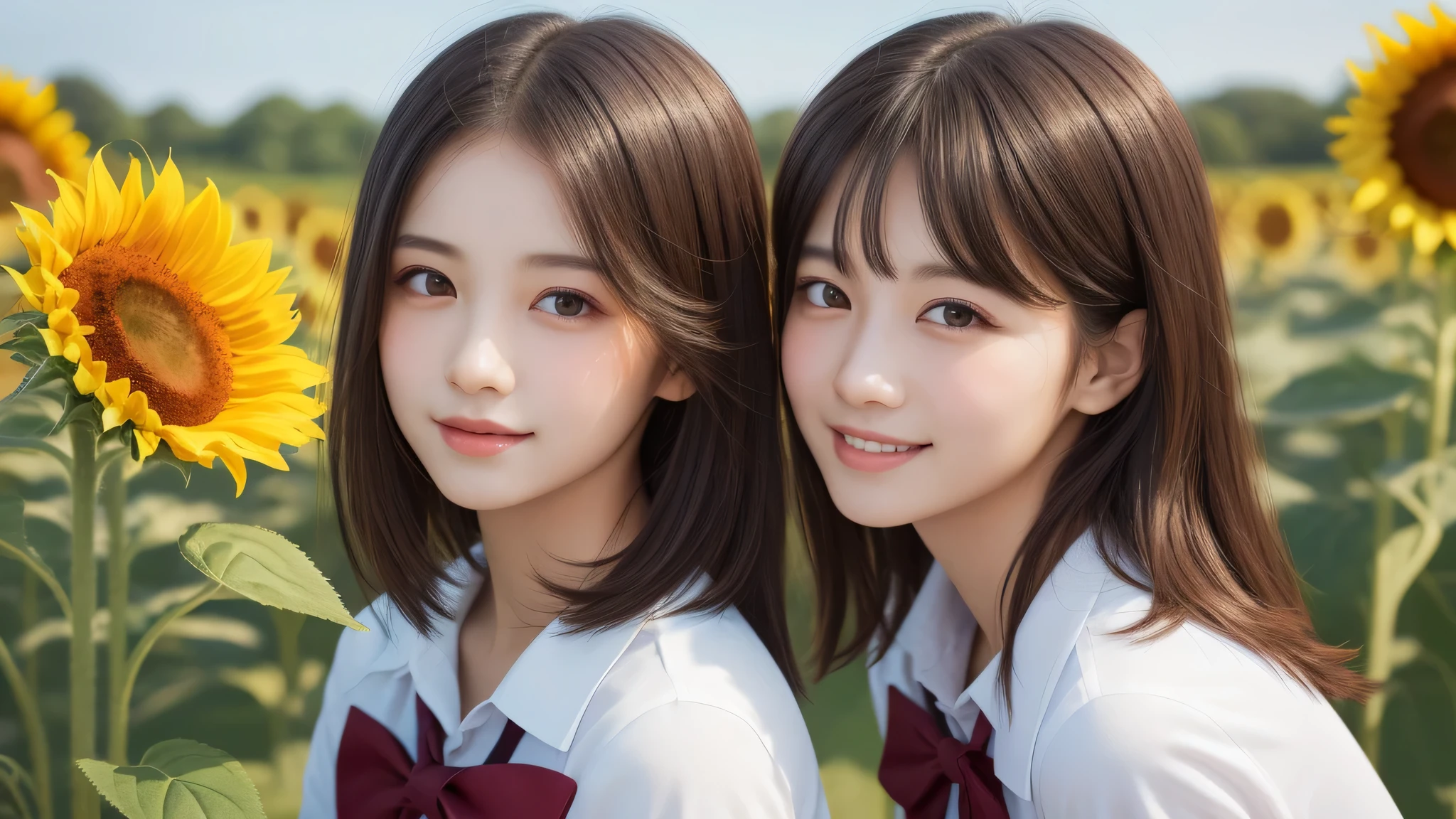 (2girl), bob hair, refreshing smiles, (high school uniform), (Best Quality:1.4), Realistic, extremely detailed CG unified 8k wallpaper, highly detailed, High-definition raw color photos, professional photography, Realistic portrait, Beautiful detailed, (Fine face:1.2), Close up portrait of girl, Outdoors, Beautiful scenery, clear skies, (sunflower:1.2)