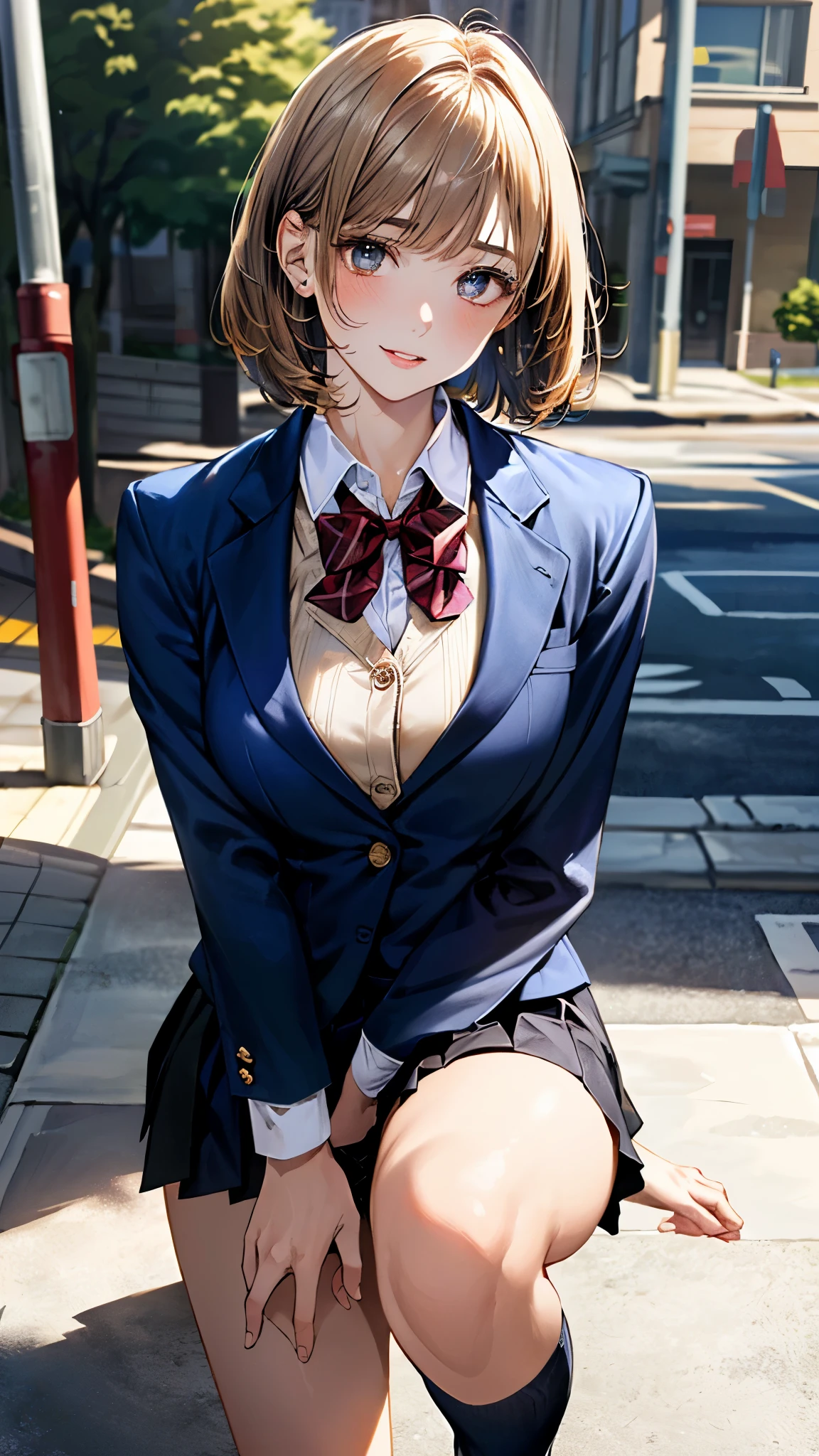 (masterpiece:1.3, top-quality, ultra high resolution, ultra detailed), (realistic, photorealistic:1.4), beautiful illustration, perfect lighting, natural lighting, depth of fields, ,
beautiful detailed hair, beautiful detailed face, beautiful detailed eyes, beautiful clavicle, beautiful body, beautiful chest, beautiful thigh, beautiful legs, beautiful hands,
looking at viewer, (face focus, upper body), 1 girl, high school girl, (perfect anatomy, anatomically correct, super detailed skin, ), cute and symmetrical face, face,
(shoulder length, fluffy bob cut, sidelocks, strawberry blonde hair), bangs pinned back (gold eyes), slant eyes, big eyes, long eye lasher,
(medium breasts, juicy thighs, attractive thighs), perfect face, perfect eyes,
((detailed cloth texture, white collared shirt, break,break, (navy blue blazer, close blazer), navy blue pleated skirt, dark red bow tie), navy blue school socks, black loafer),
(beautiful scenery), evening, (sidewalk, traffic light), (walking), (lovely smile, parted lips),