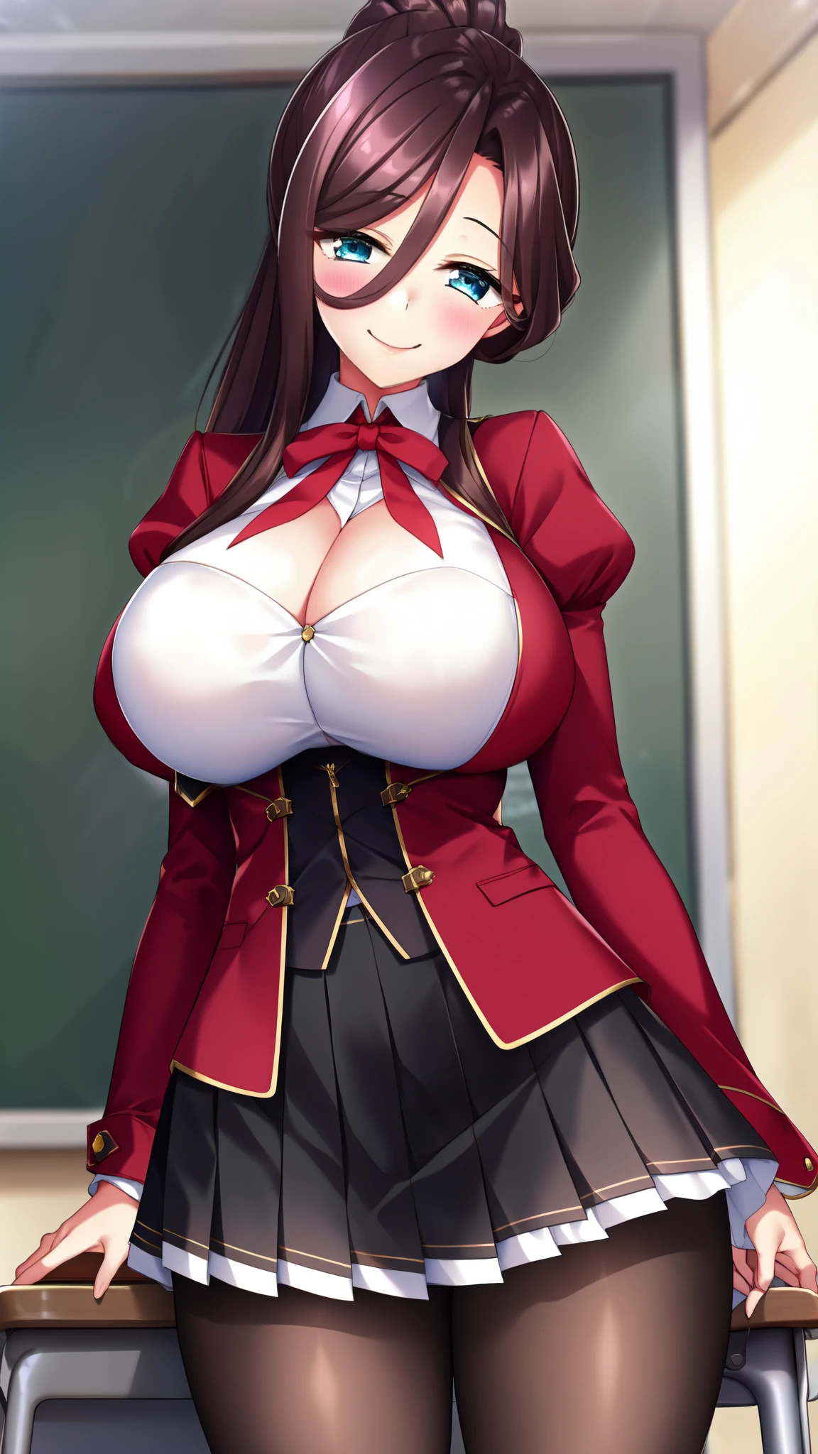 closed mouth, smile, 1girl, solo, long hair, skirt, classroom, long sleeves, red jacket, white shirt, cleavage, brown hair, blue eyes, ponytail, pantyhose, pleated skirt, puffy sleeves, black skirt, large breasts, , juliet sleeves,
