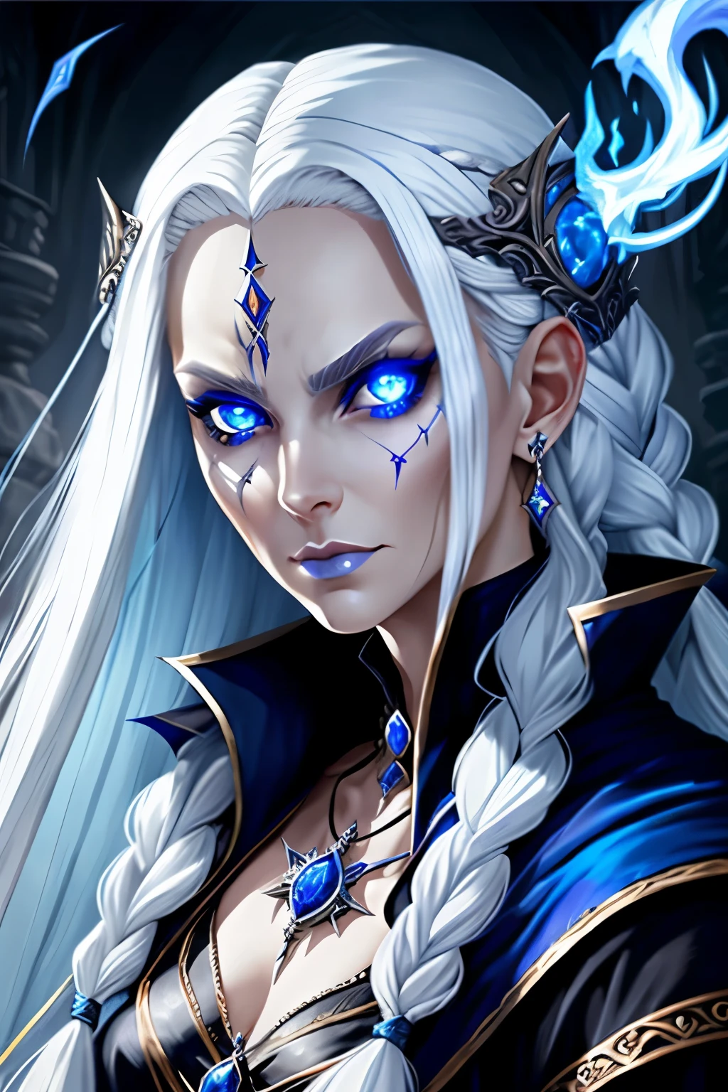 Evil sorceress, piercing blue eyes, white hair, braided hair, casting a spell